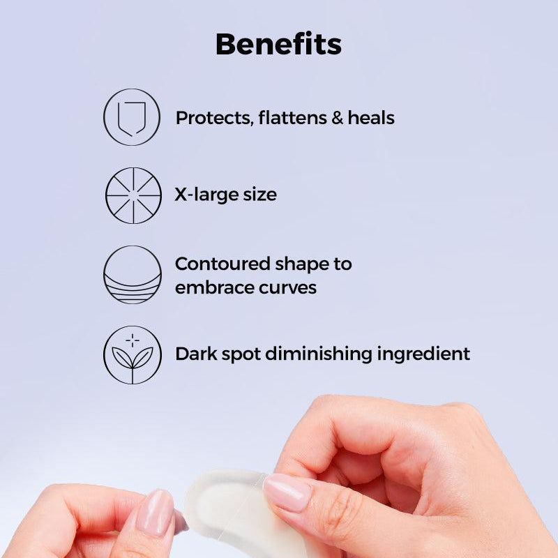 Grafica con icone e testo: Protegge, leviga e guarisce, taglia X-Large, forma sagomata, ingrediente schiarente.