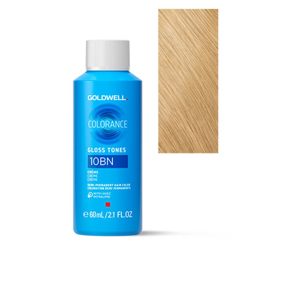 Flacone Colorance Gloss Tones 10BN azzurro chiaro con tappo bianco. Accanto, ciocca di capelli biondi. Testo: Goldwell, crema, 60ml/2.1 fl oz.