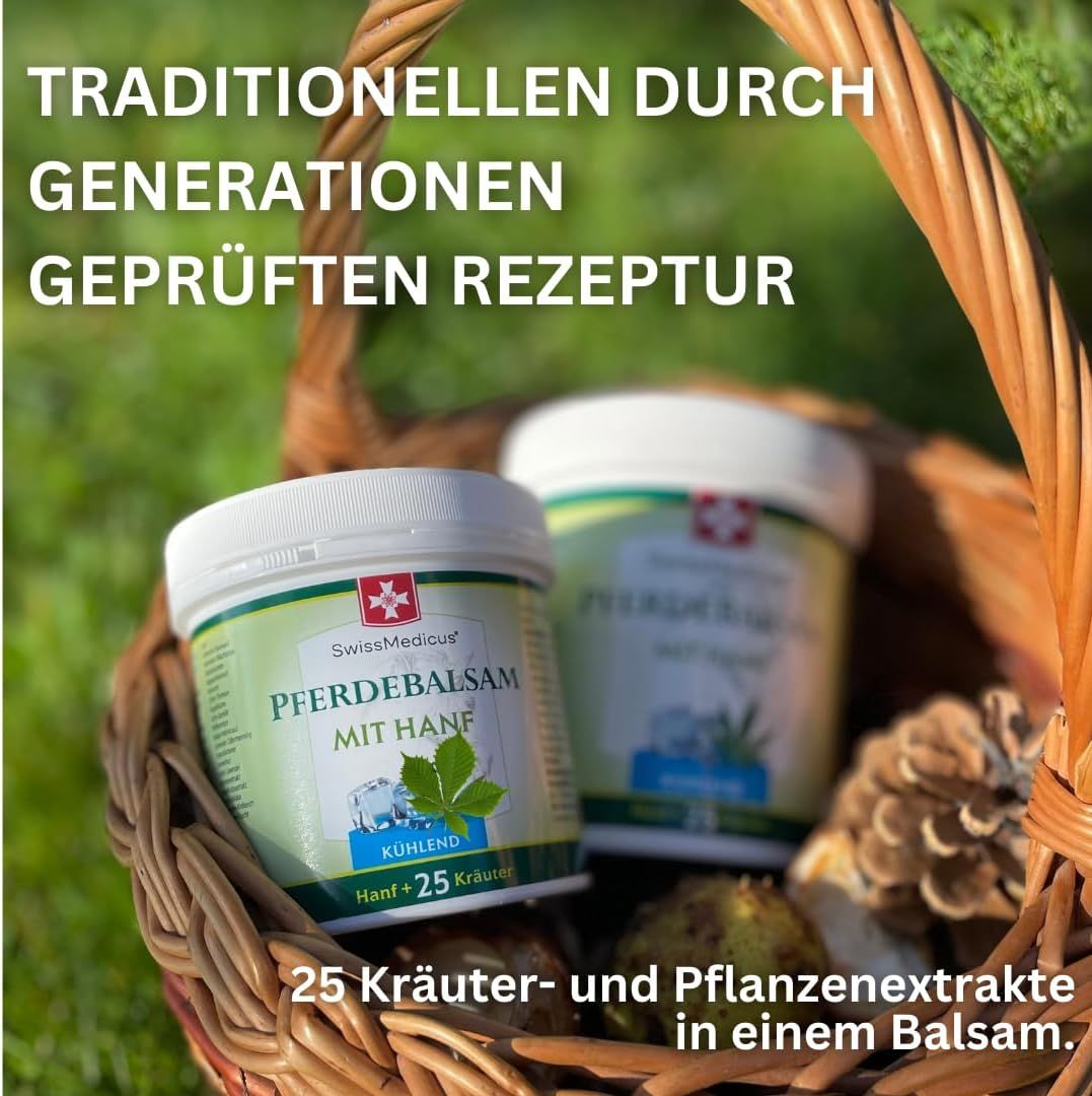 Due vasi SwissMedicus Pferdebalsam mit Hanf in un cesto. Testo: Ricetta tradizionale collaudata da generazioni.