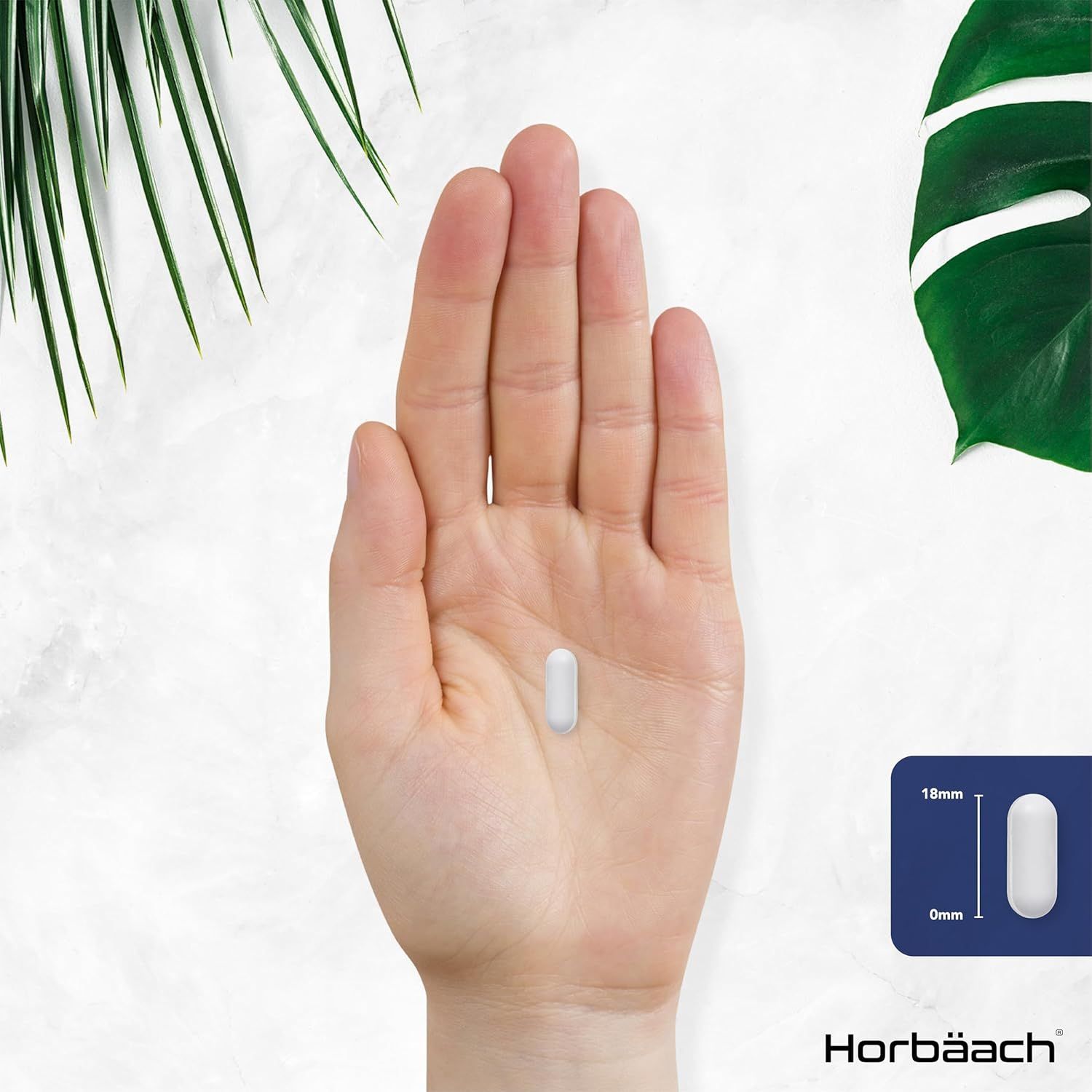 Mano che tiene una compressa ovale bianca. Dimensioni: 18mm x 6mm.