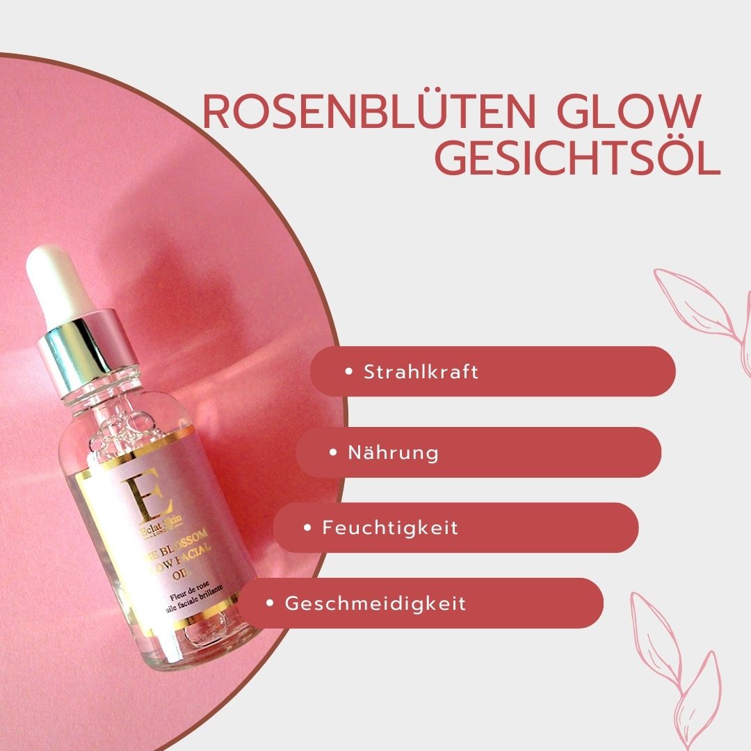 Flacone di olio viso con contagocce, circondato da elementi rosa. Nome del prodotto e benefici.