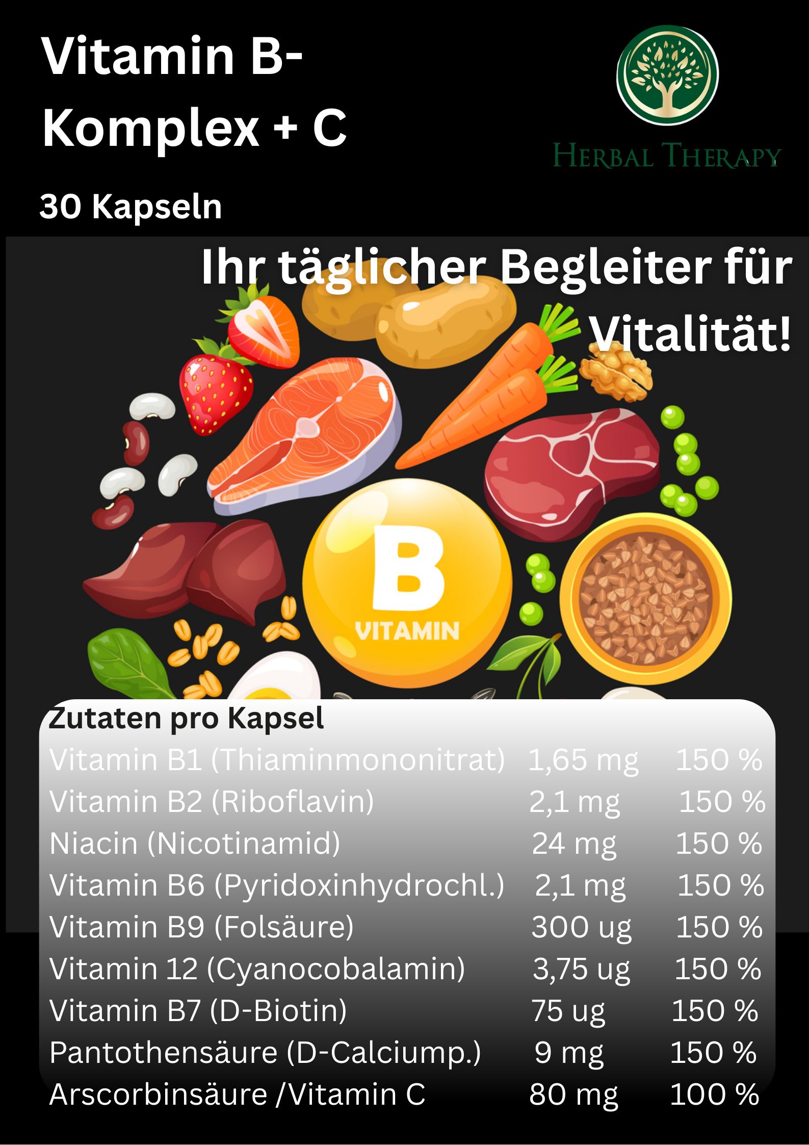 Immagine promozionale per Herbal Therapy Vitamin B-Komplex + C. Prodotto, ingredienti, informazioni nutrizionali, testo sui benefici.