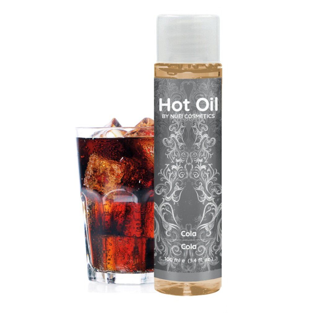 Bicchiere con cubetti di ghiaccio accanto a una bottiglia "Hot Oil" con scritta "Cola".