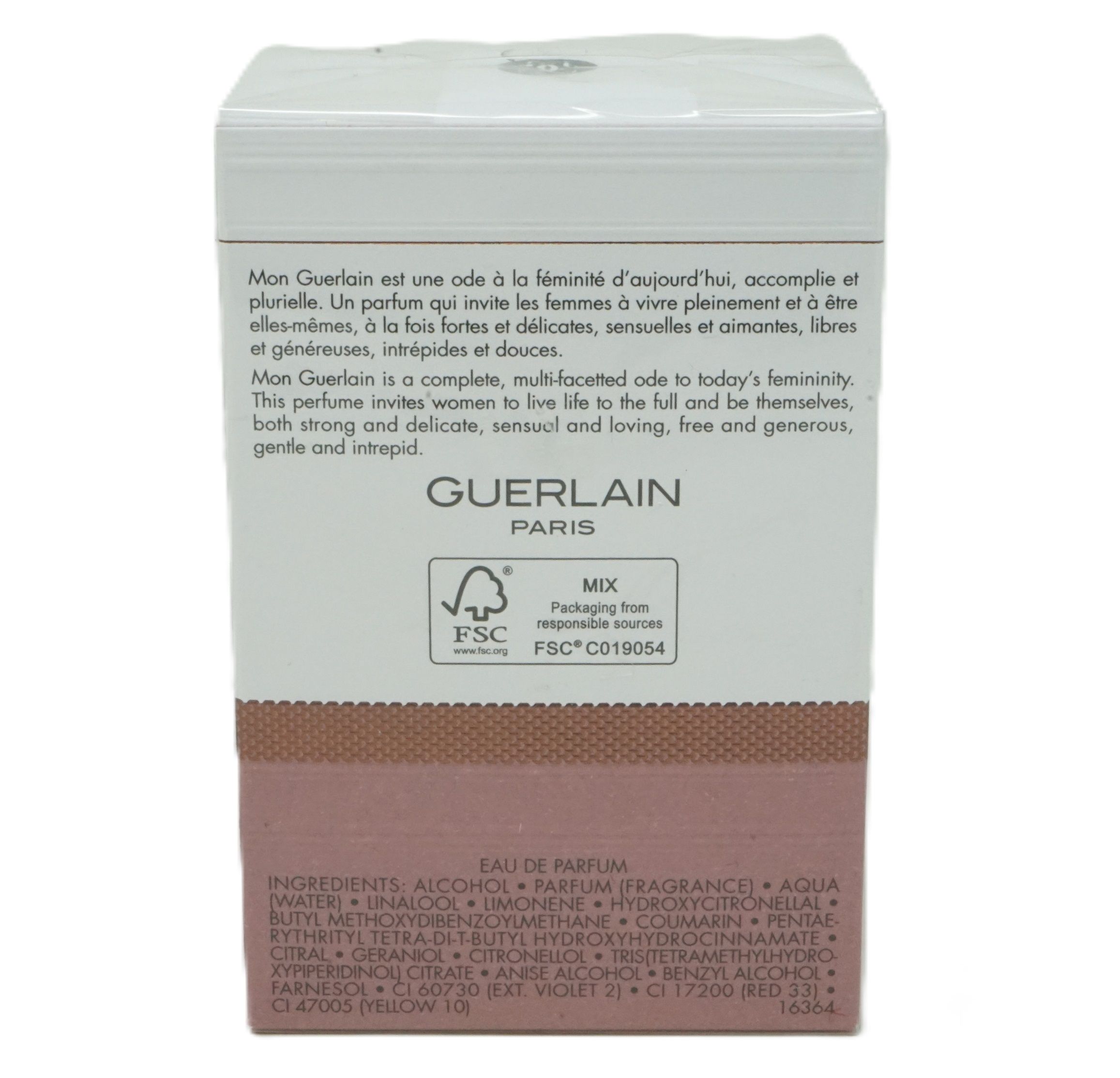 Retro della confezione Mon Guerlain Eau de Parfum Intense. Testo, logo FSC e ingredienti. Bianco, rosa e marrone.