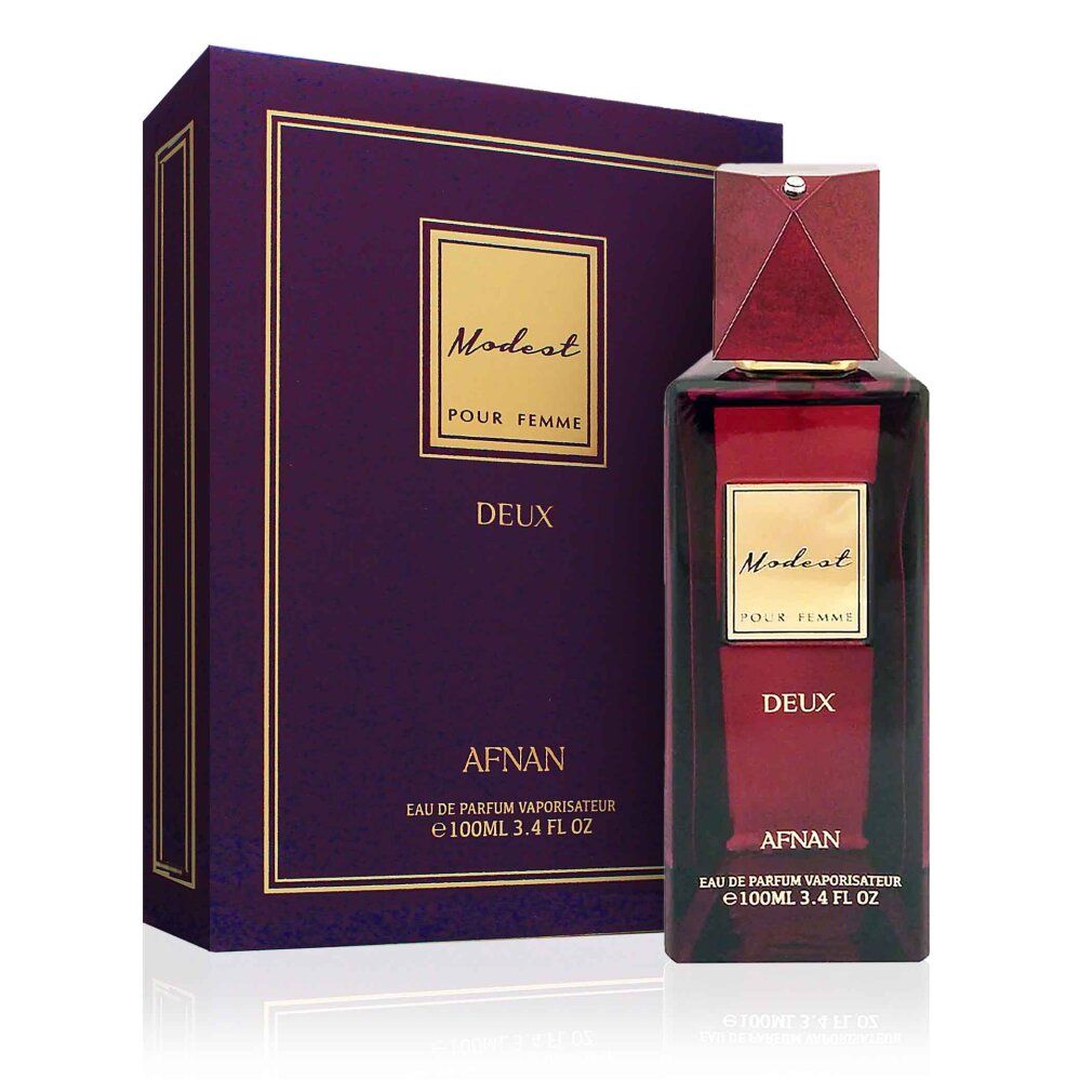 Flacone rosso scuro e scatola viola. Scritte dorate: Modest Pour Femme Deux, Afnan. Flacone con tappo rosso. Confezione con cornice dorata.