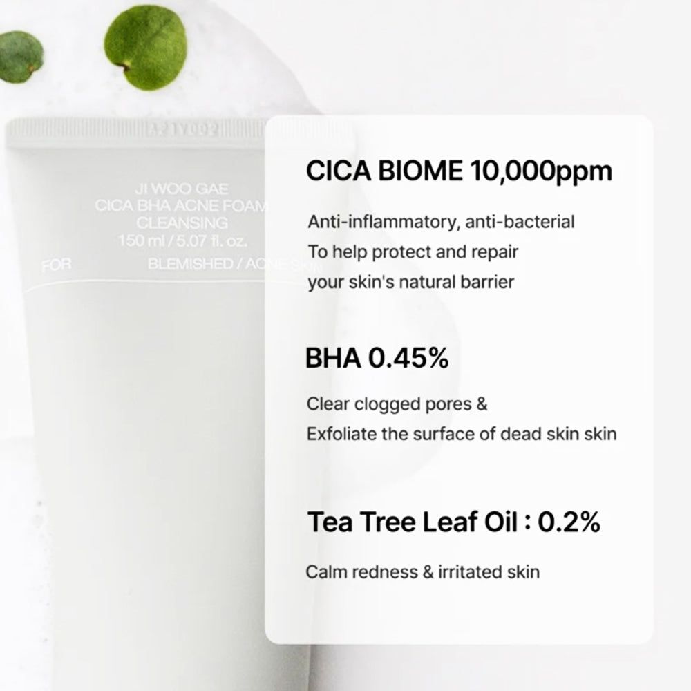 Schiuma detergente Cica BHA Celimax Ji Woo Gae: Cica Biome 10.000ppm, BHA 0,45%, Olio di foglie di tea tree 0,2%.