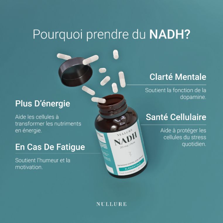 Flacone con capsule che cadono. "Più Energia, Mente Lucida, Contro la Stanchezza, Salute Cellulare."