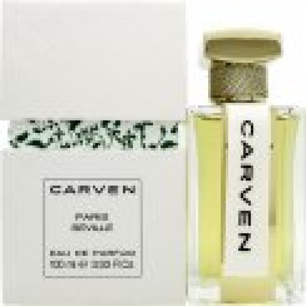 Confezione bianca e flacone in vetro. Scritta CARVEN, PARIS SEVILLE, Eau de Parfum. 100 ml e 3.33 Fl.Oz.