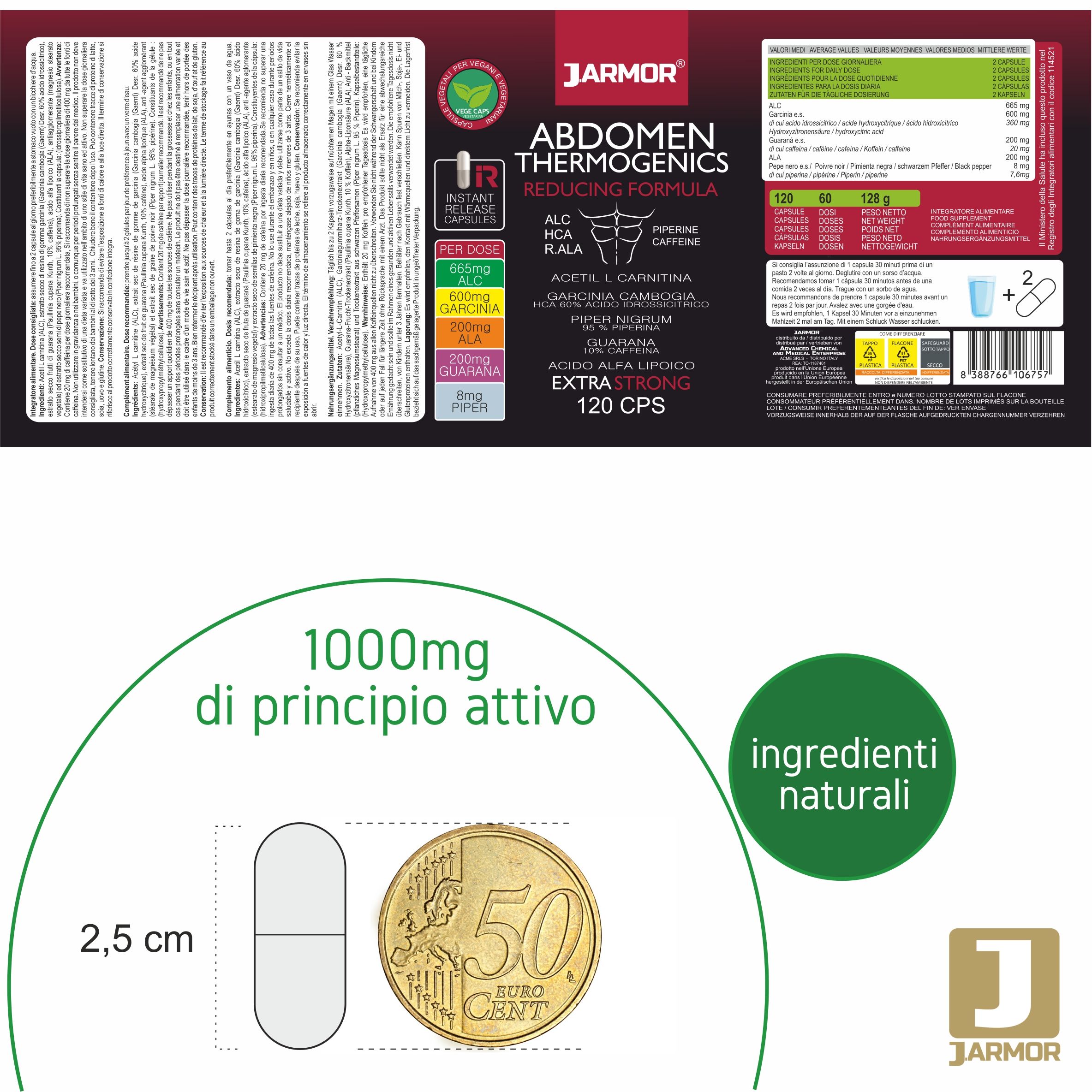 Capsula accanto a una moneta da 50 centesimi. Testo: 1000mg di principio attivo. Logo J.Armor. Ingredienti naturali.