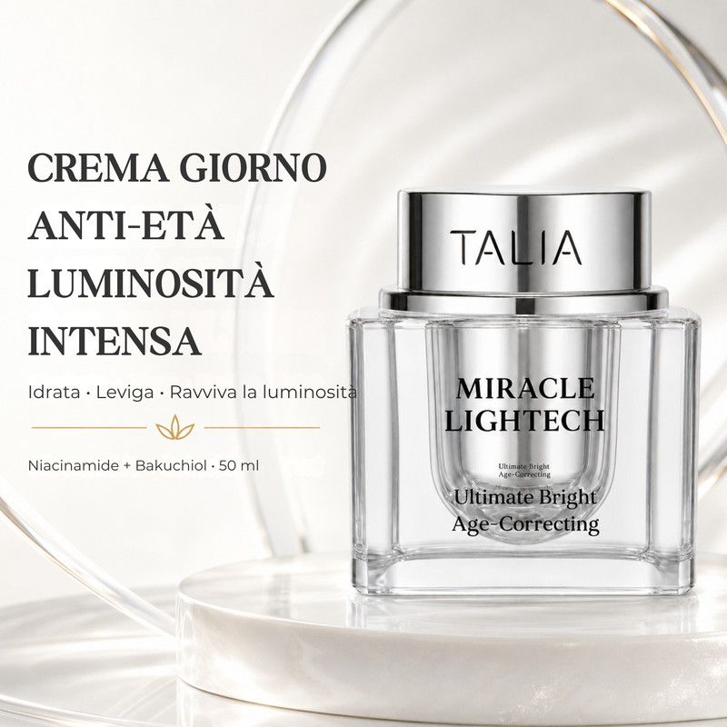 Talia Miracle Lightech Ultimate Bright Age-Correcting Crema Giorno con niacinamide e bakuchiol.