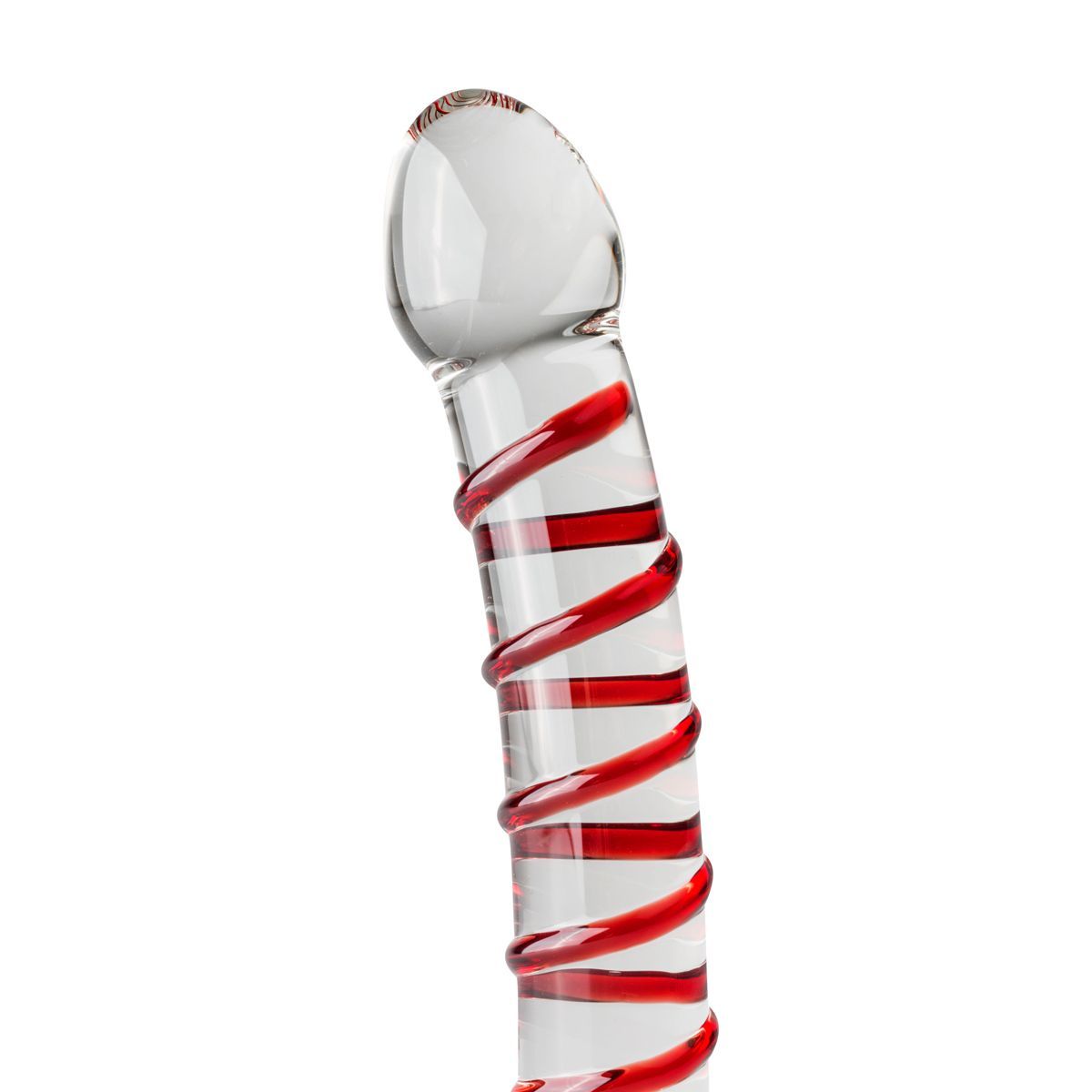 Dildo in vetro con spirale rossa. Stelo trasparente con estremità arrotondata. Decorazione rossa a spirale.