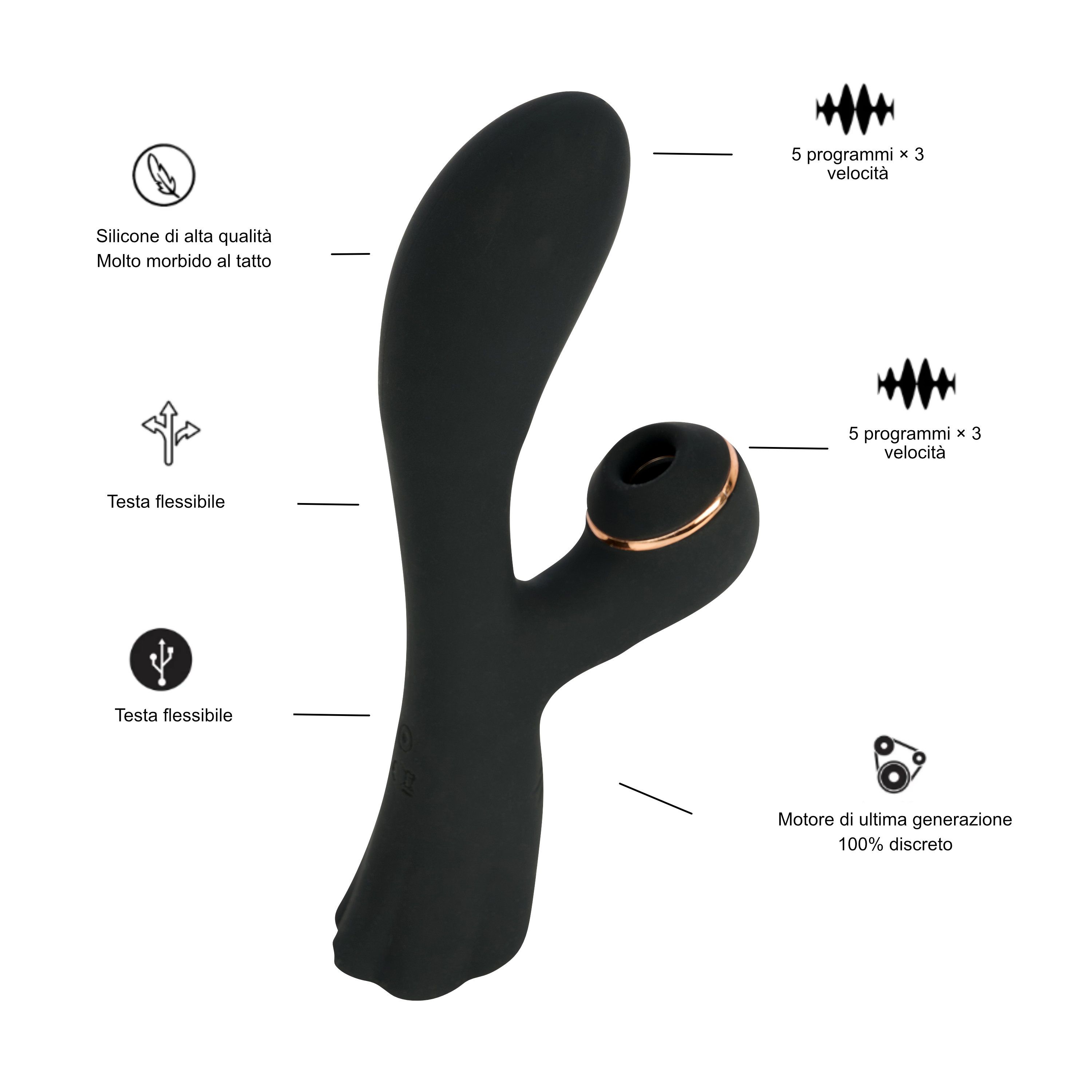 Vibratore nero con icone per silicone, testa flessibile, ricarica USB e 5 programmi.