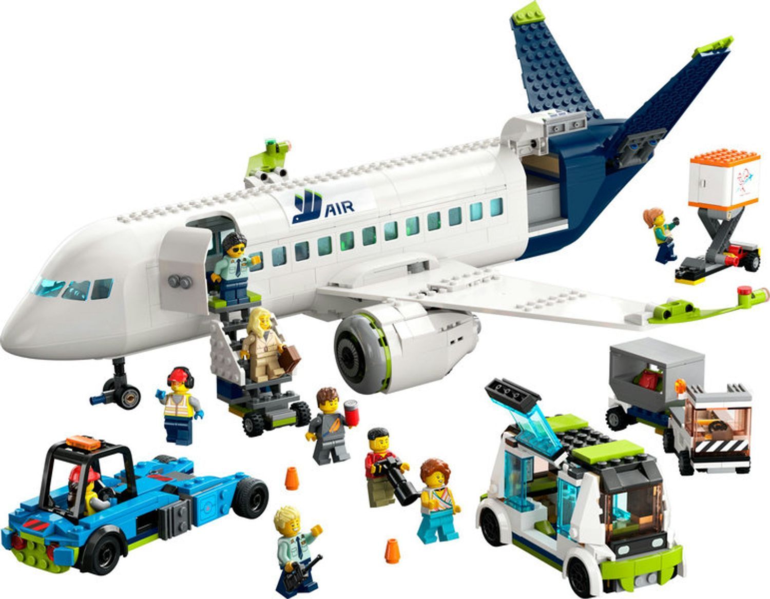 Set LEGO City con aereo, scena aeroportuale e minifigure. Vari veicoli e personaggi.