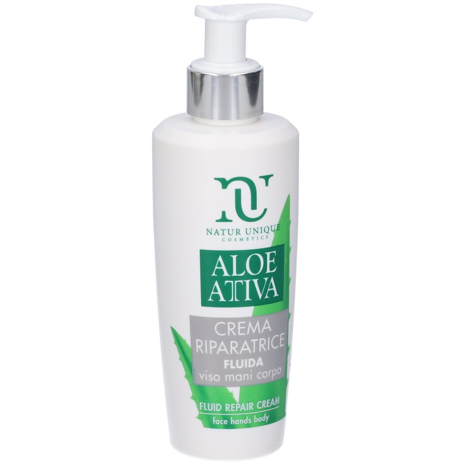 Flacone bianco con dosatore a pompa. Scritta: Aloe Attiva, Crema Riparatrice Fluida. Grafica verde e bianca.