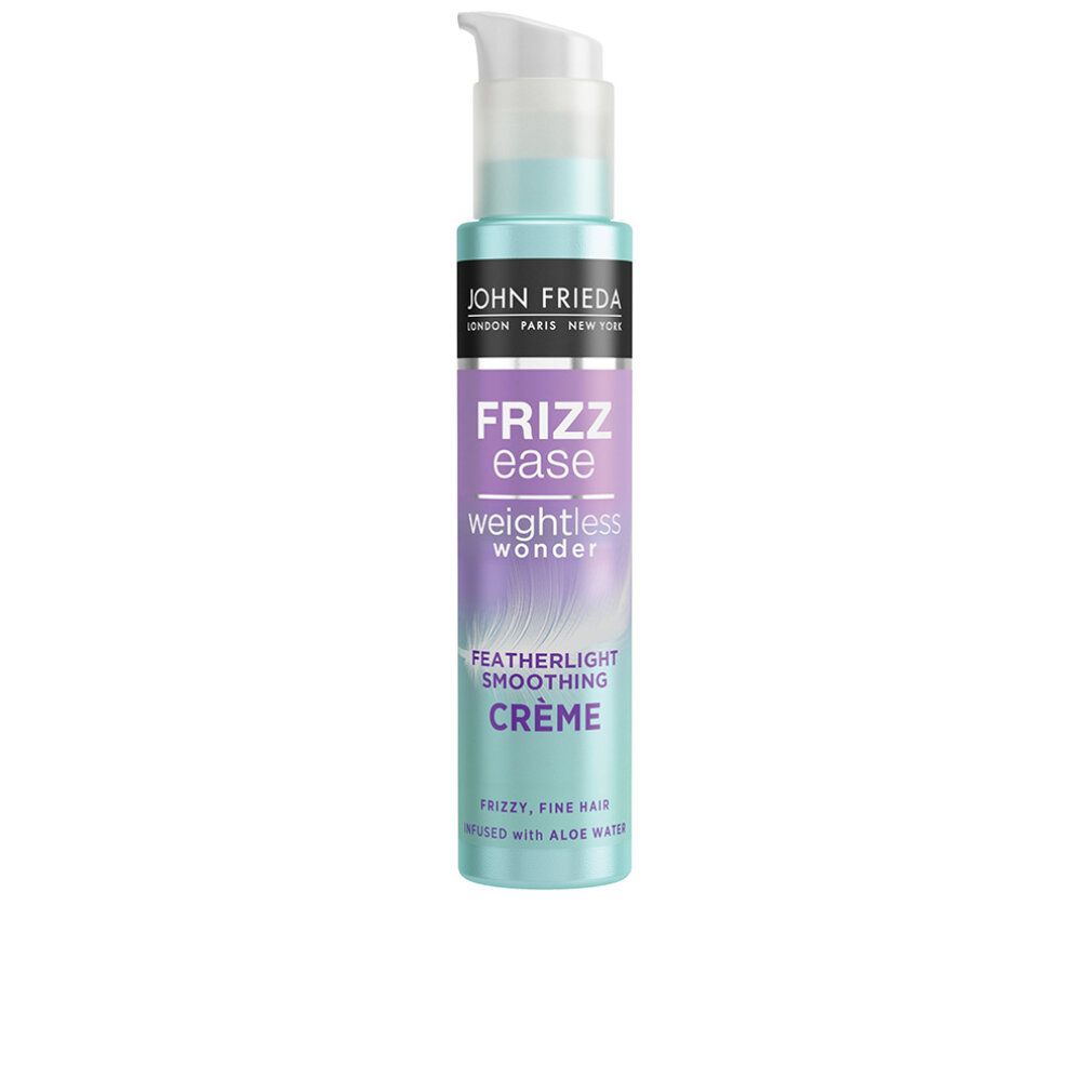 Flacone John Frieda Frizz Ease Weightless Wonder Smoothing Crème. Turchese, viola e bianco. Con pompa.