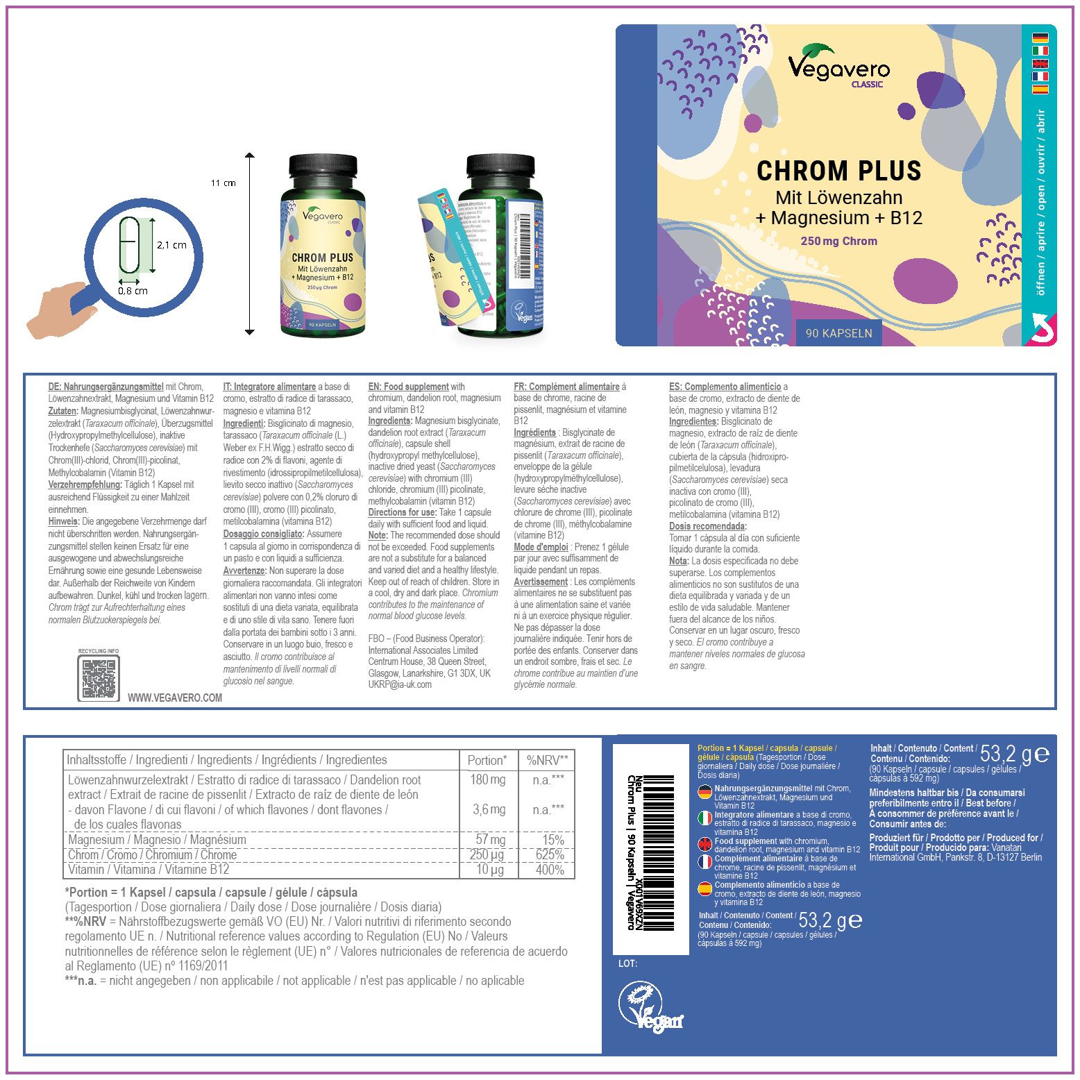Confezione del prodotto con flacone, capsula e foglietto illustrativo. Testo in tedesco, inglese, francese, italiano, olandese.