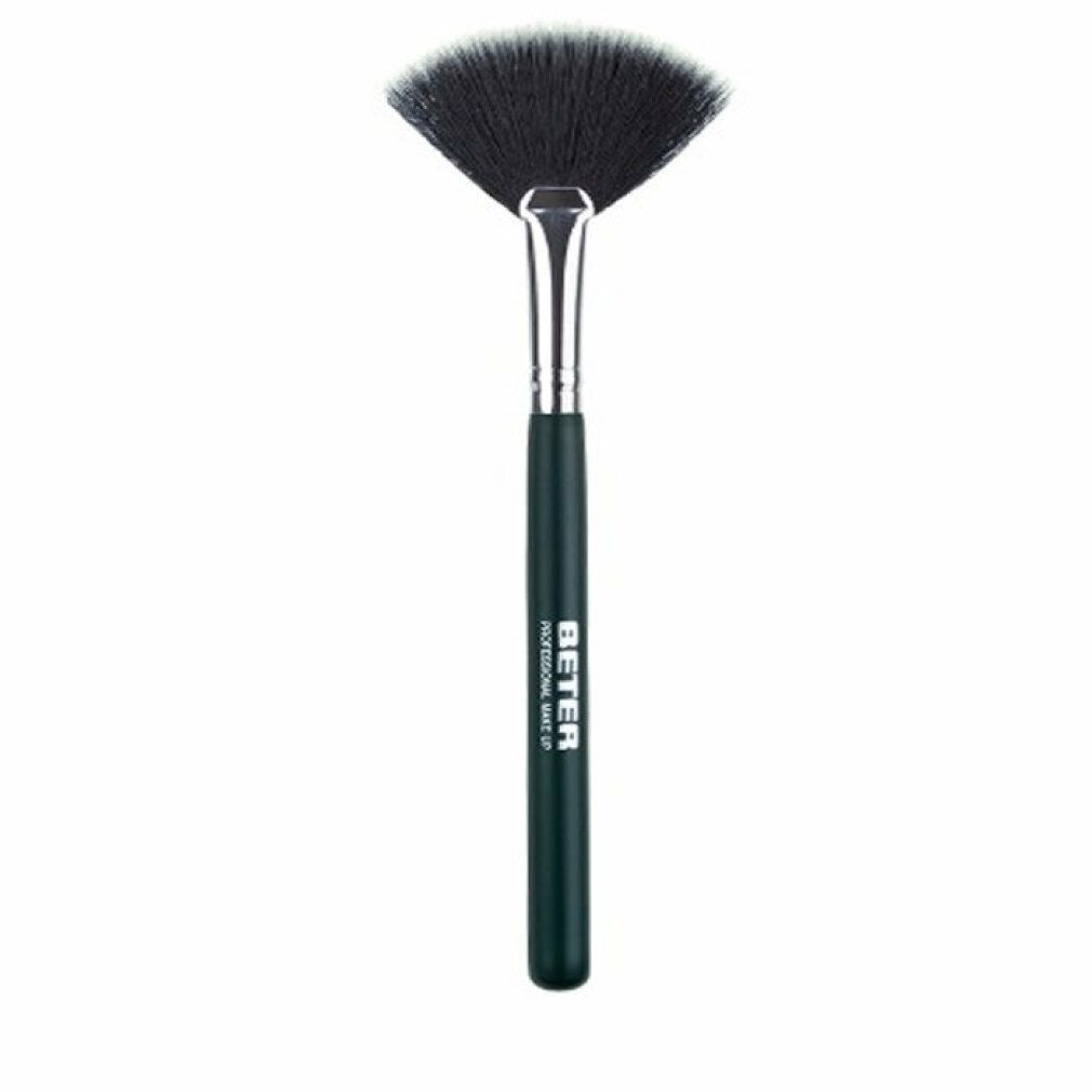 Pennello da trucco sintetico a ventaglio con manico scuro e ghiera argentata.
