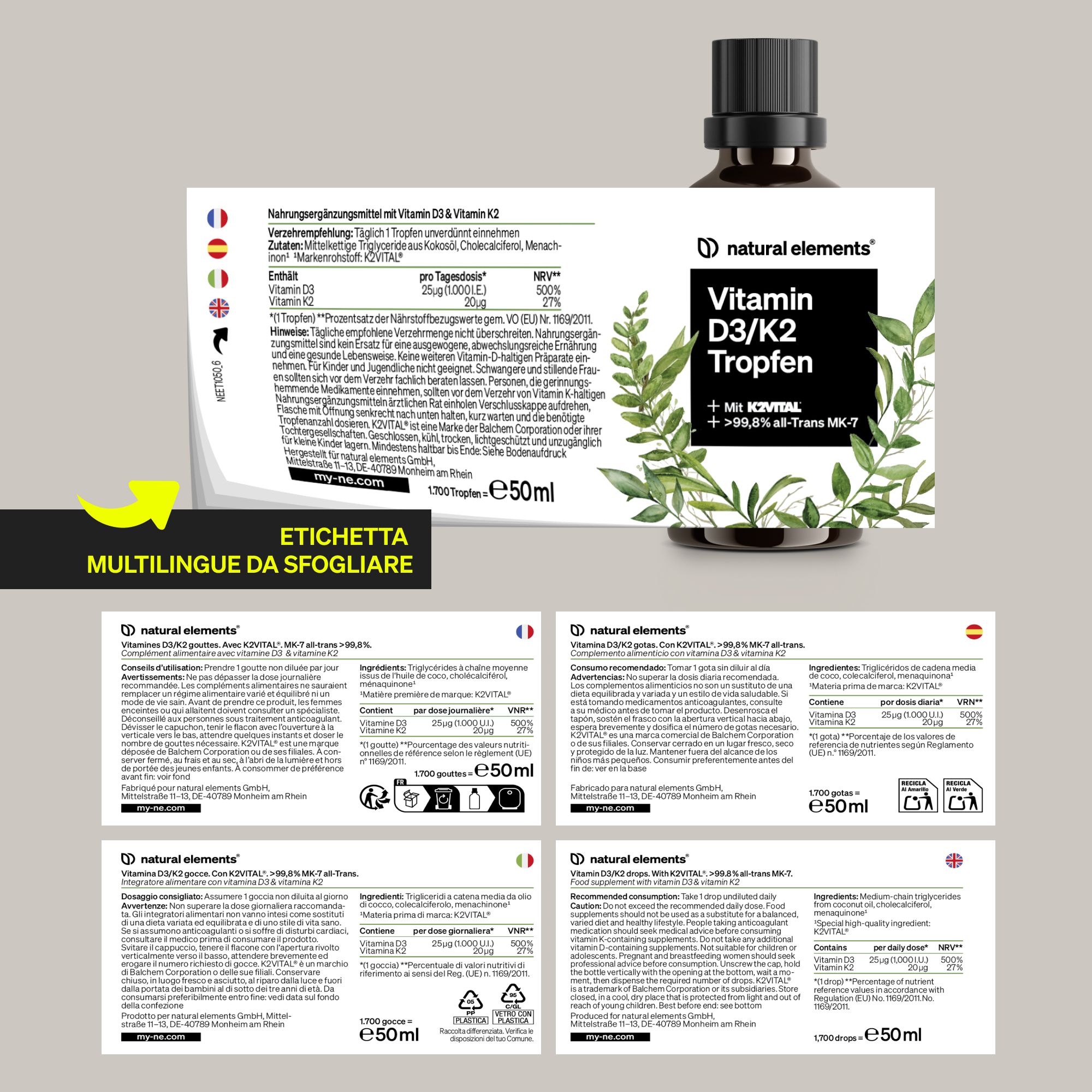 Etichette delle gocce Vitamina D3/K2 Natural Elements in varie lingue.
