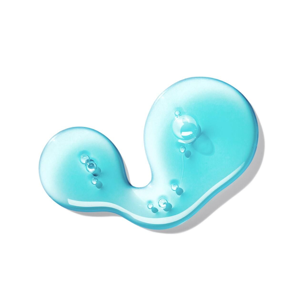 Due gocce di liquido blu su sfondo bianco. Sono visibili alcune piccole bolle.