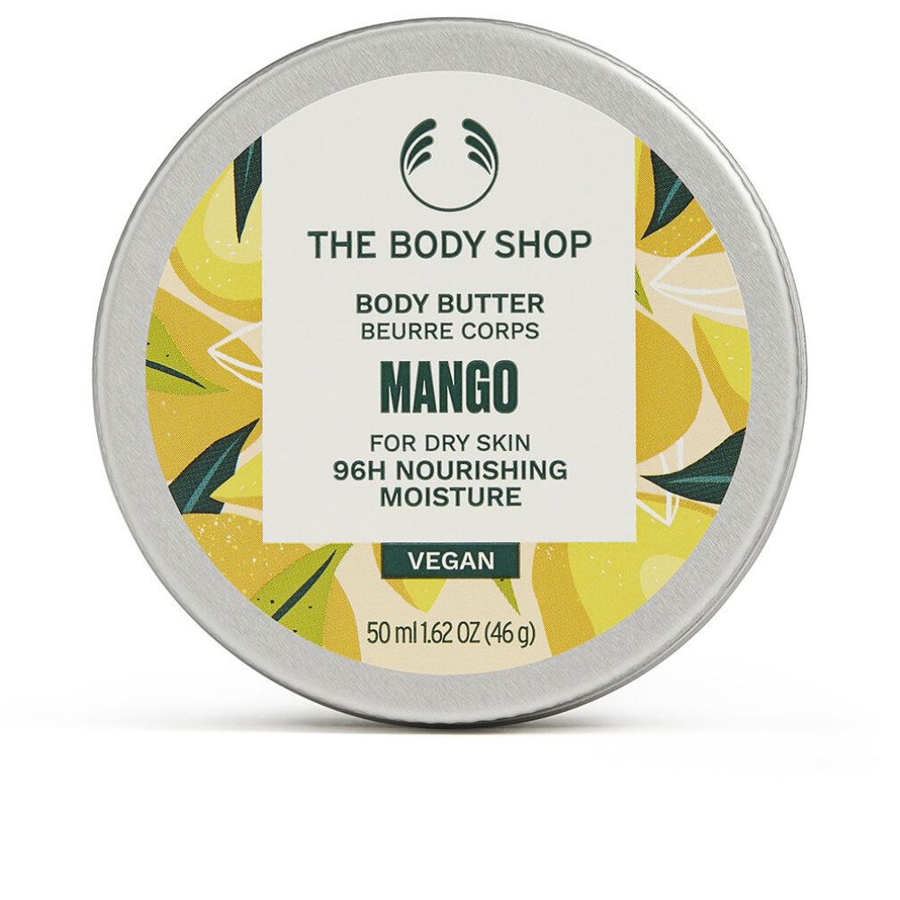Barattolo rotondo di burro corpo Mango. Scritta: The Body Shop, Body Butter, Mango, per pelli secche, 96H idratazione. Vegano.