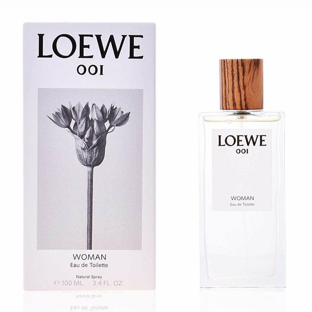 Loewe 001 Woman Eau de Toilette Spray. Flacone e confezione. Etichetta bianca con nome del prodotto. Tappo in legno. Decorazione floreale sulla confezione.