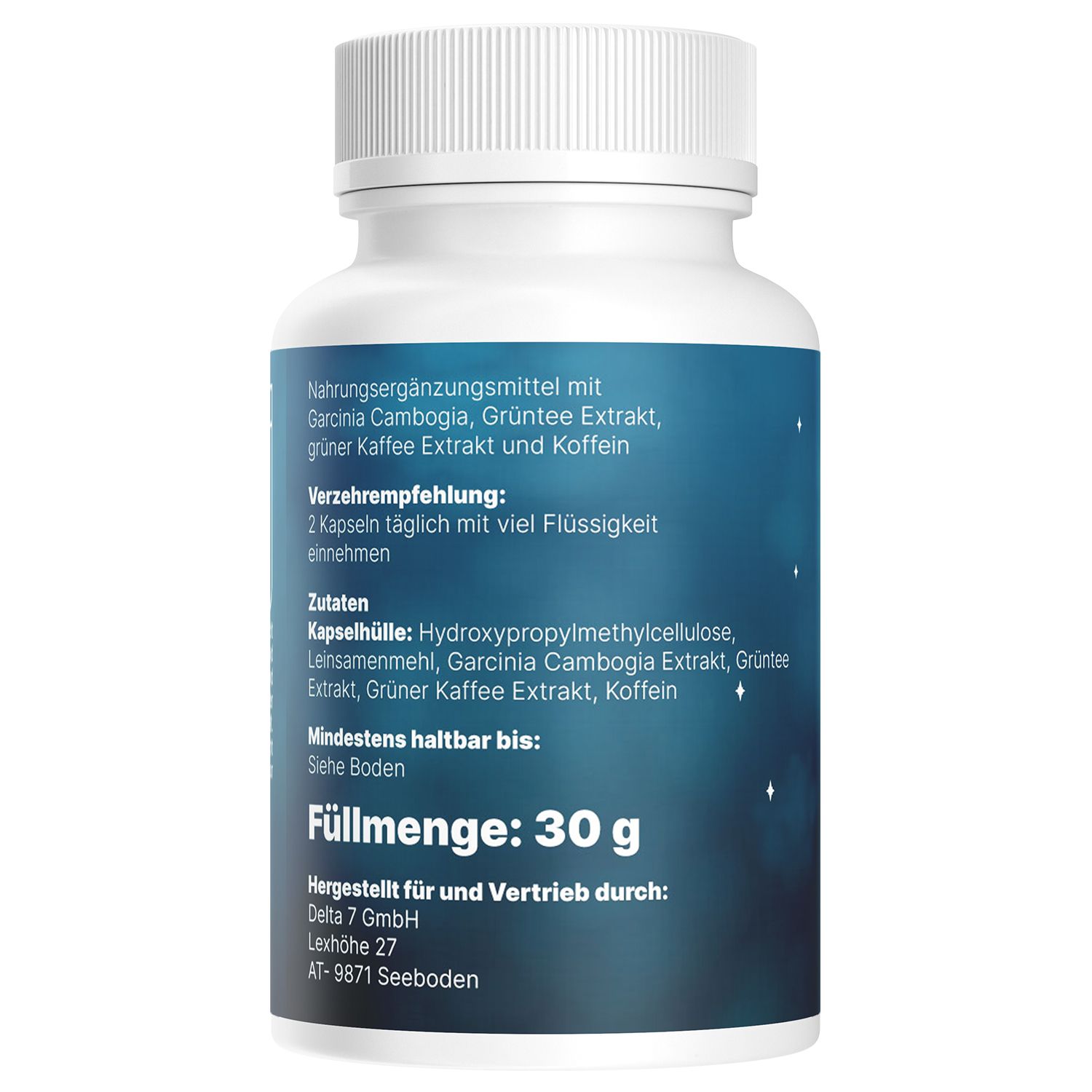 Flacone bianco, retro. Testo: Integratore alimentare con ingredienti. Raccomandazione: 2 capsule al giorno. Contenuto netto: 30 g.