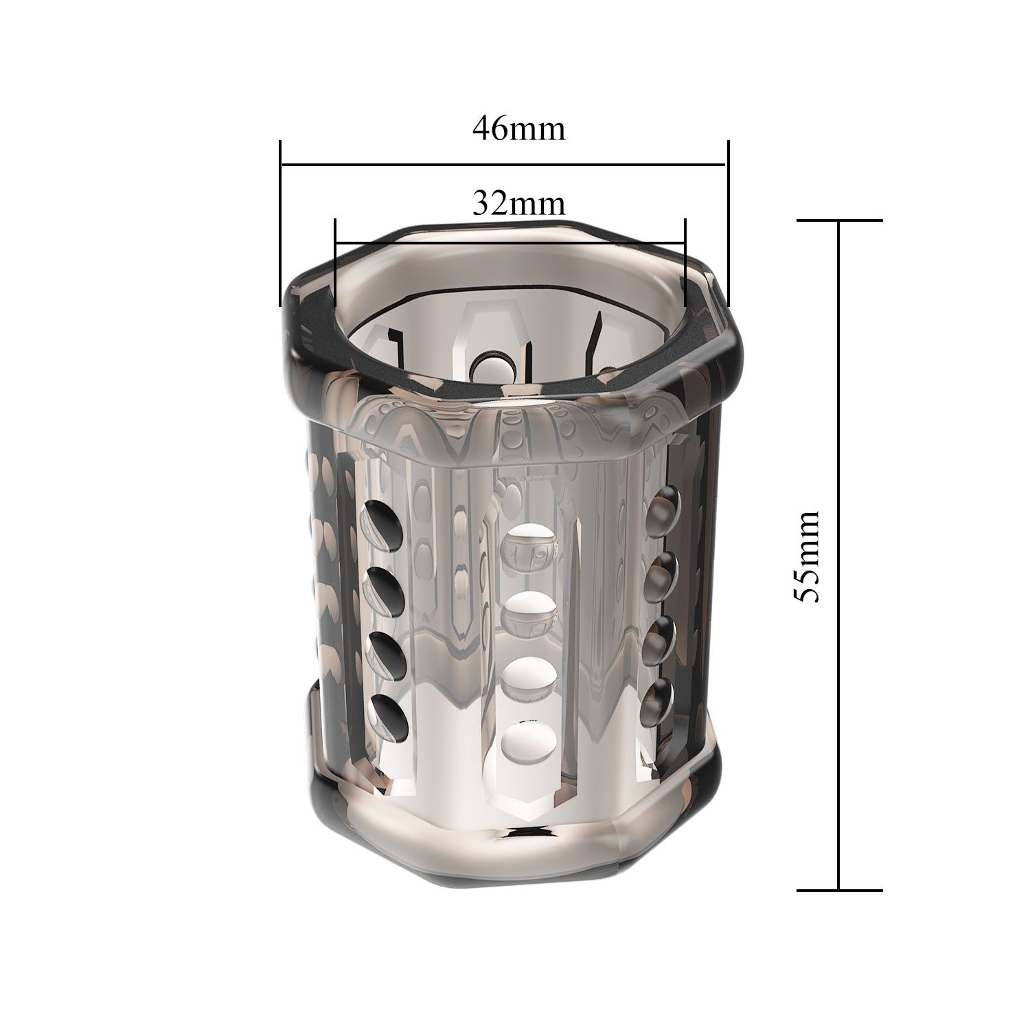 Prodotto esagonale trasparente con misure. Accenti neri. Dimensioni: 55x46x32mm.