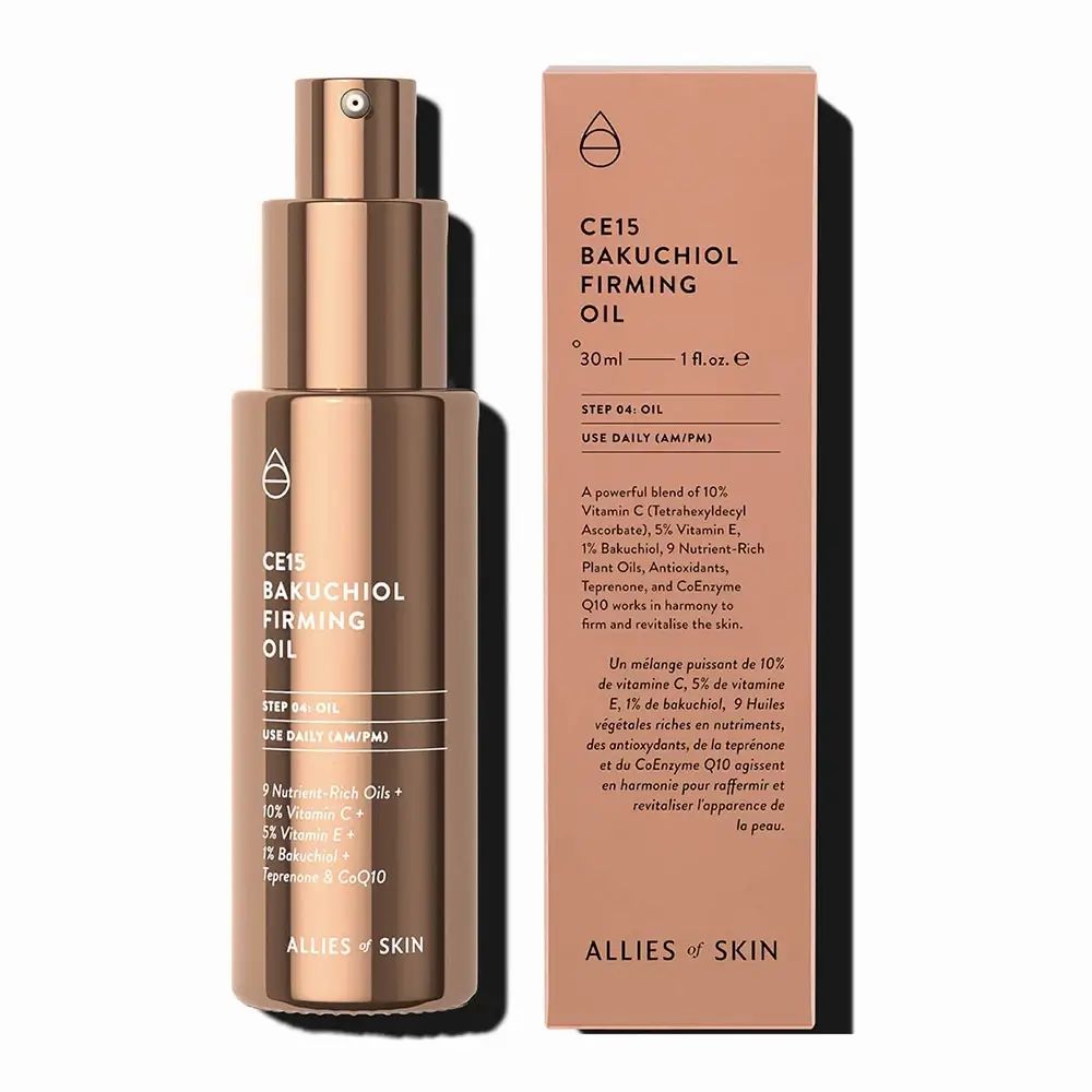 Flacone di olio e confezione. Nome del prodotto e ingredienti visibili. Su sfondo bianco.