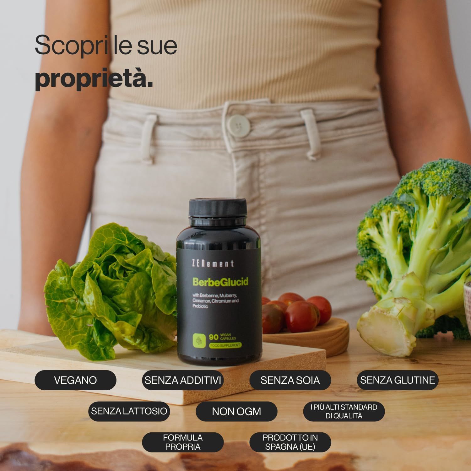 Flacone nero di capsule Zenement BerbeGlucid, circondato da verdure. Vegano, senza additivi, senza glutine.