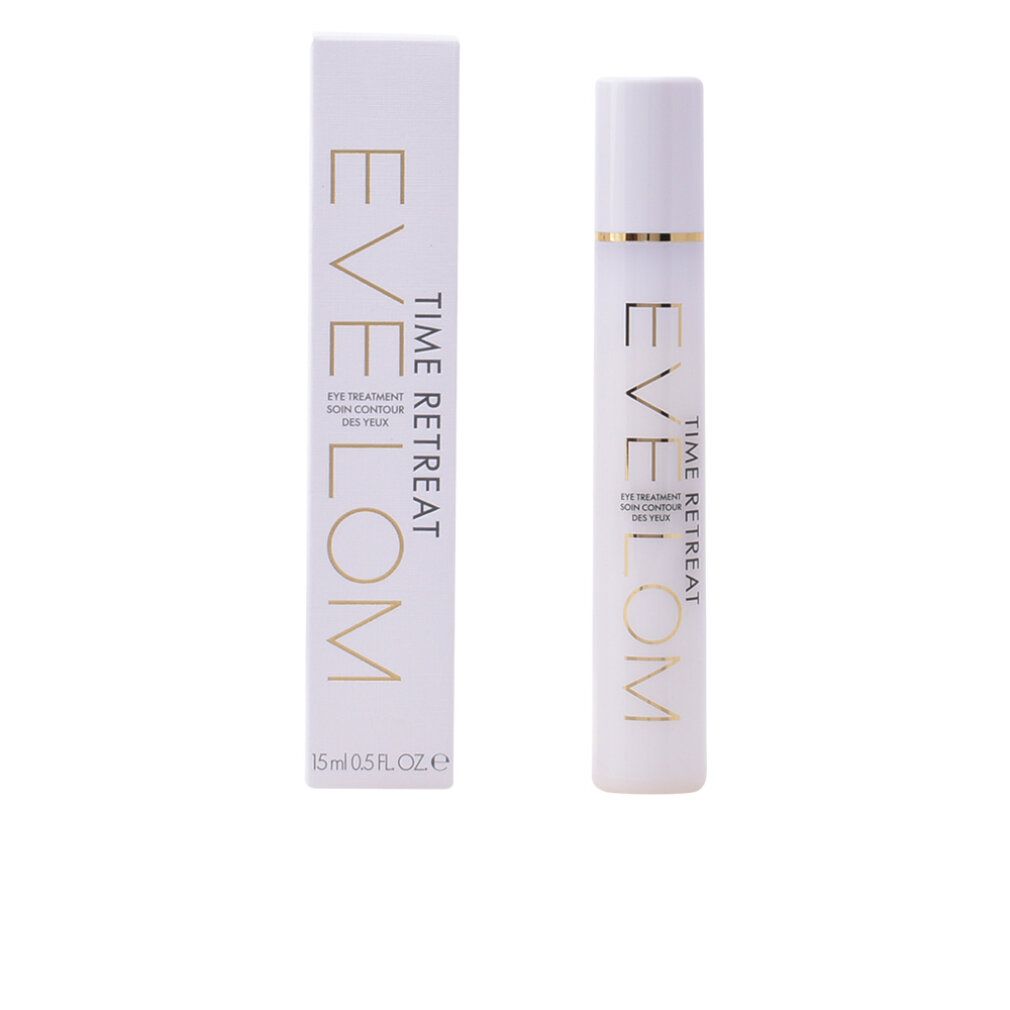 Tubo e scatola bianchi con scritta dorata. Scritta: EVE LOM, TIME RETREAT, EYE TREATMENT. 15 ml.