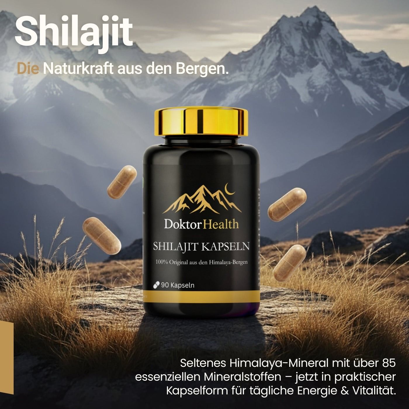 Flacone nero con tappo dorato e capsule. Scritta: Doktor Health Shilajit Kapseln.