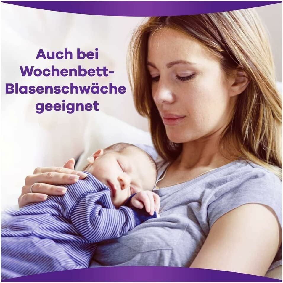 Una donna tiene in braccio un bambino. Testo: Adatto anche per l'incontinenza post-partum.