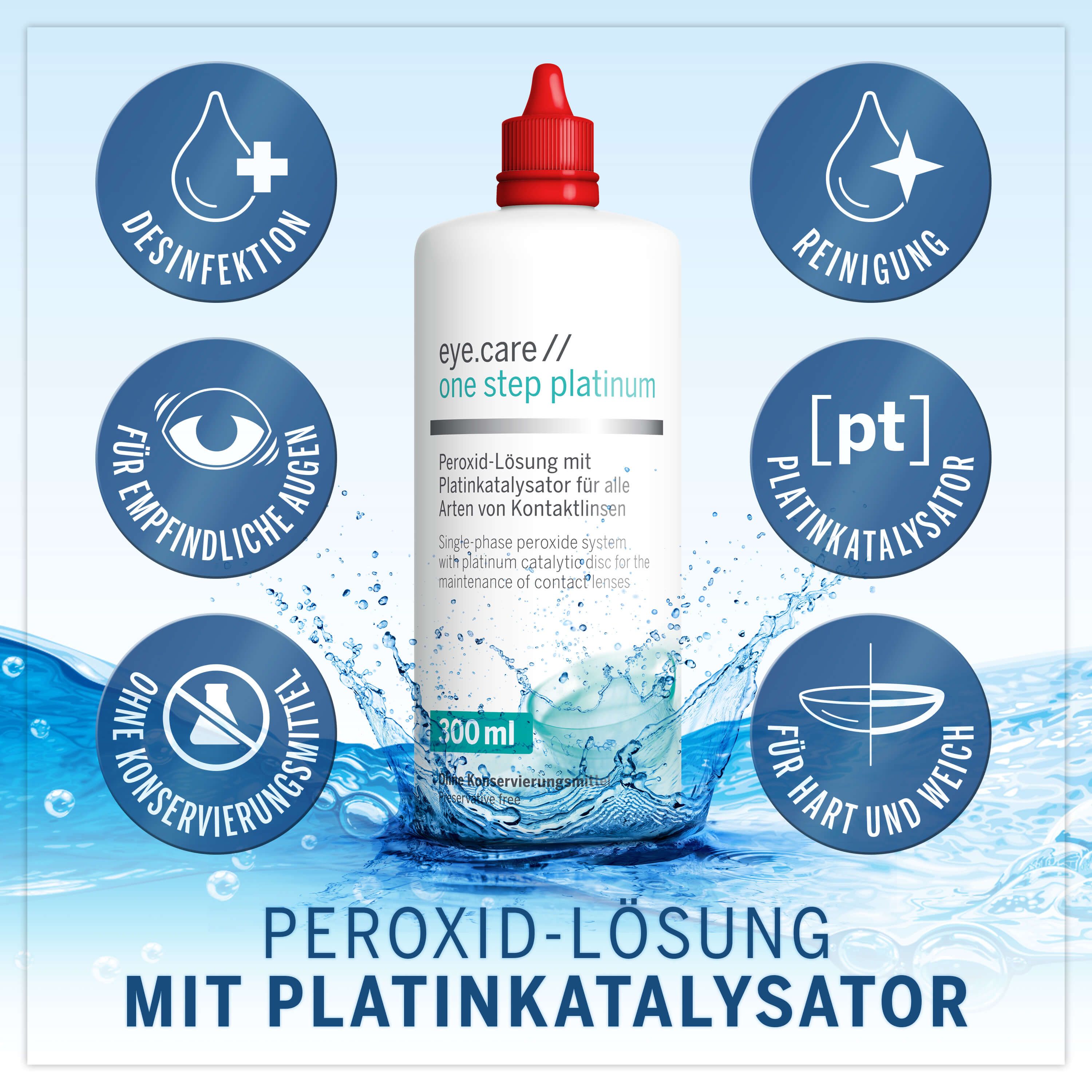 Flacone eye.care one step platinum, tappo rosso, 300 ml. Con simboli di pulizia e disinfezione. Per occhi sensibili.