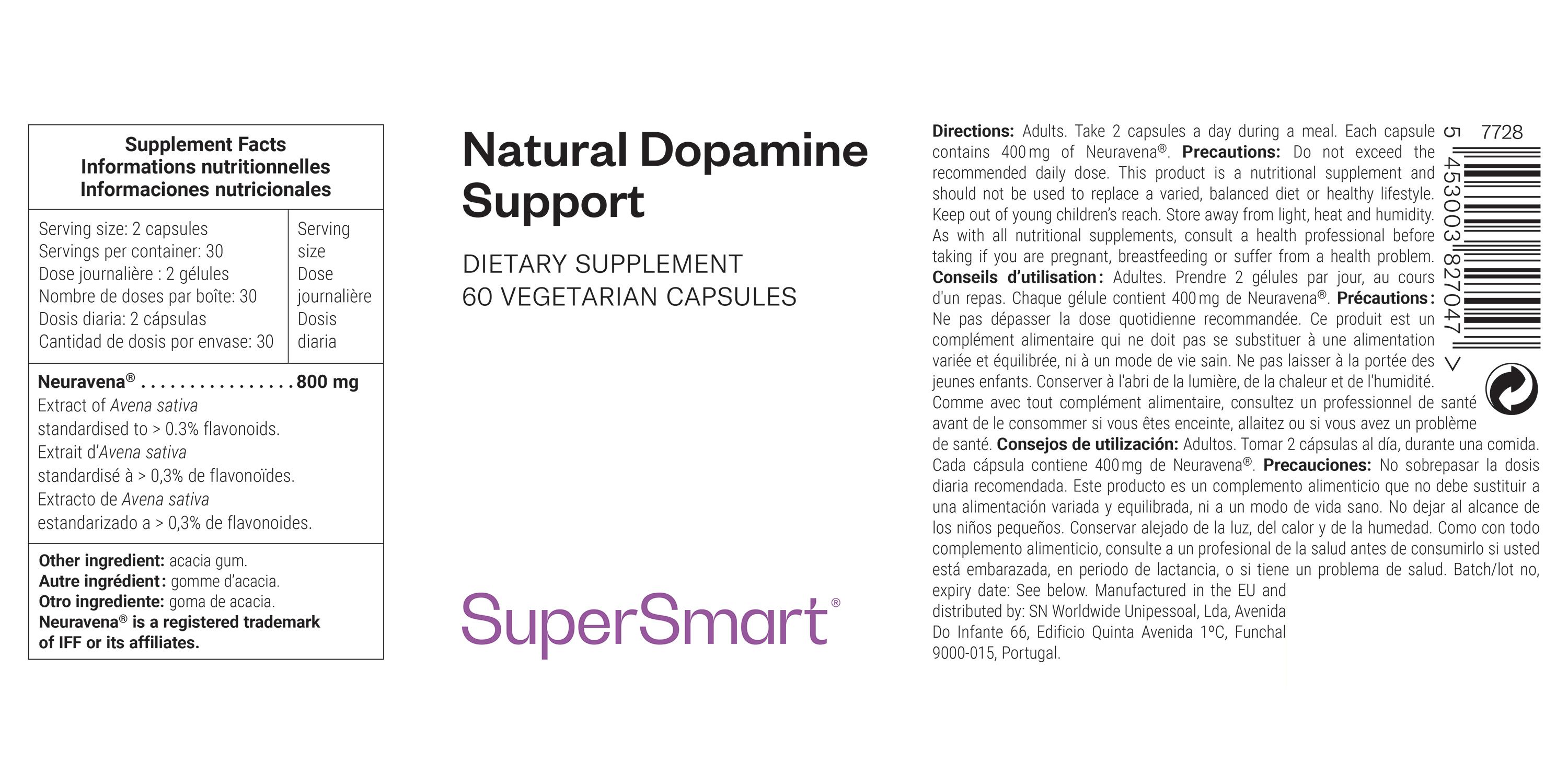 Etichetta con informazioni sul prodotto. Ingredienti, dosaggio e produttore. Marchio: SuperSmart. Contiene informazioni nutrizionali.