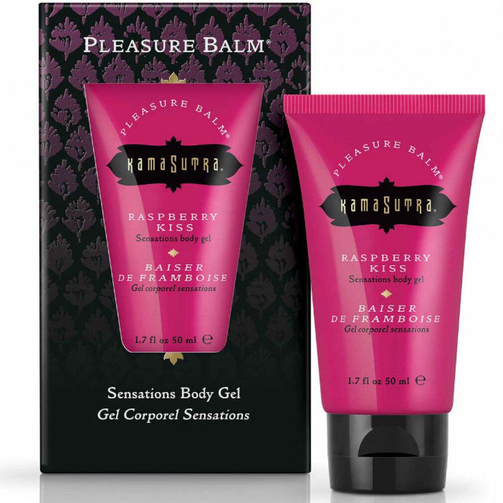 Kamasutra Pleasure Balm Lampone Gel Corpo Sensazioni in tubo e scatola rosa.