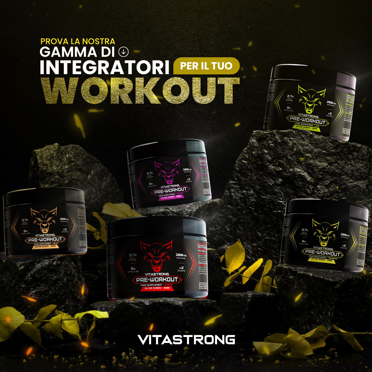 Diversi barattoli su rocce. Testo: Vitastrong Pre-Workout. Prodotto: Vitastrong Pre-Workout.