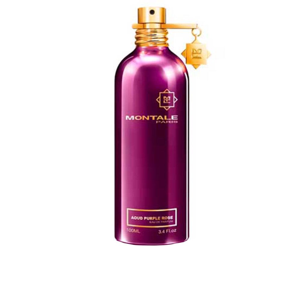 Flacone viola con chiusura dorata. Scritta: Montale Paris, Aoud Purple Rose Eau de Parfum. Ciondolo dorato.