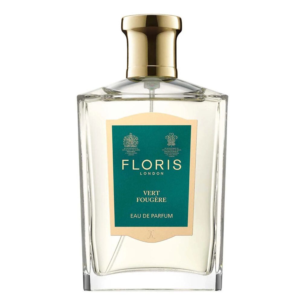 Flacone con tappo dorato ed etichetta verde. Scritta: FLORIS LONDON, VERT FOUGERE, Eau de Parfum.