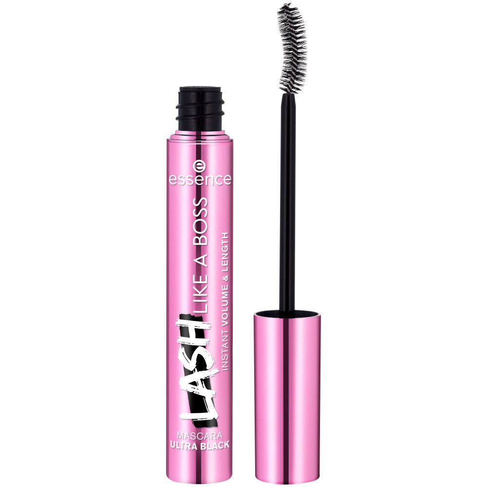 Tubo di mascara rosa con tappo nero e spazzola. Scritta: LASH LIKE A BOSS, ULTRA BLACK. Marchio: essence.