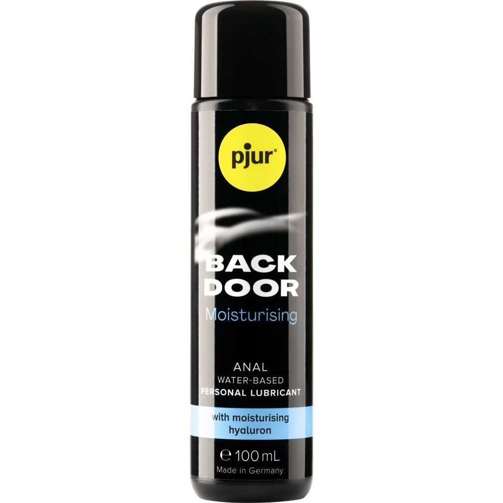 Flacone nero con logo giallo. Scritta: BACK DOOR, Moisturising, Anal Water-Based Personal Lubricant. Con ialurone.