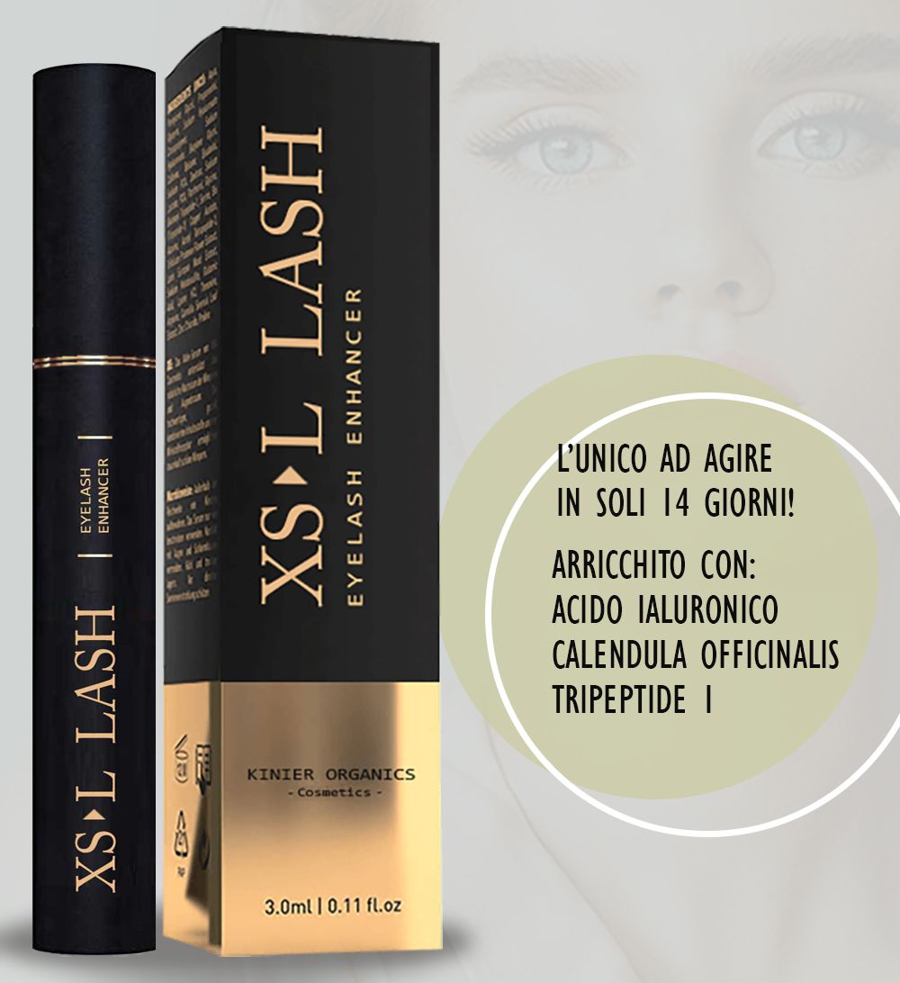 Flacone e confezione neri con testo dorato. Scritta: XS LASH Eyelash Enhancer. Testo: Agisce in 14 giorni.