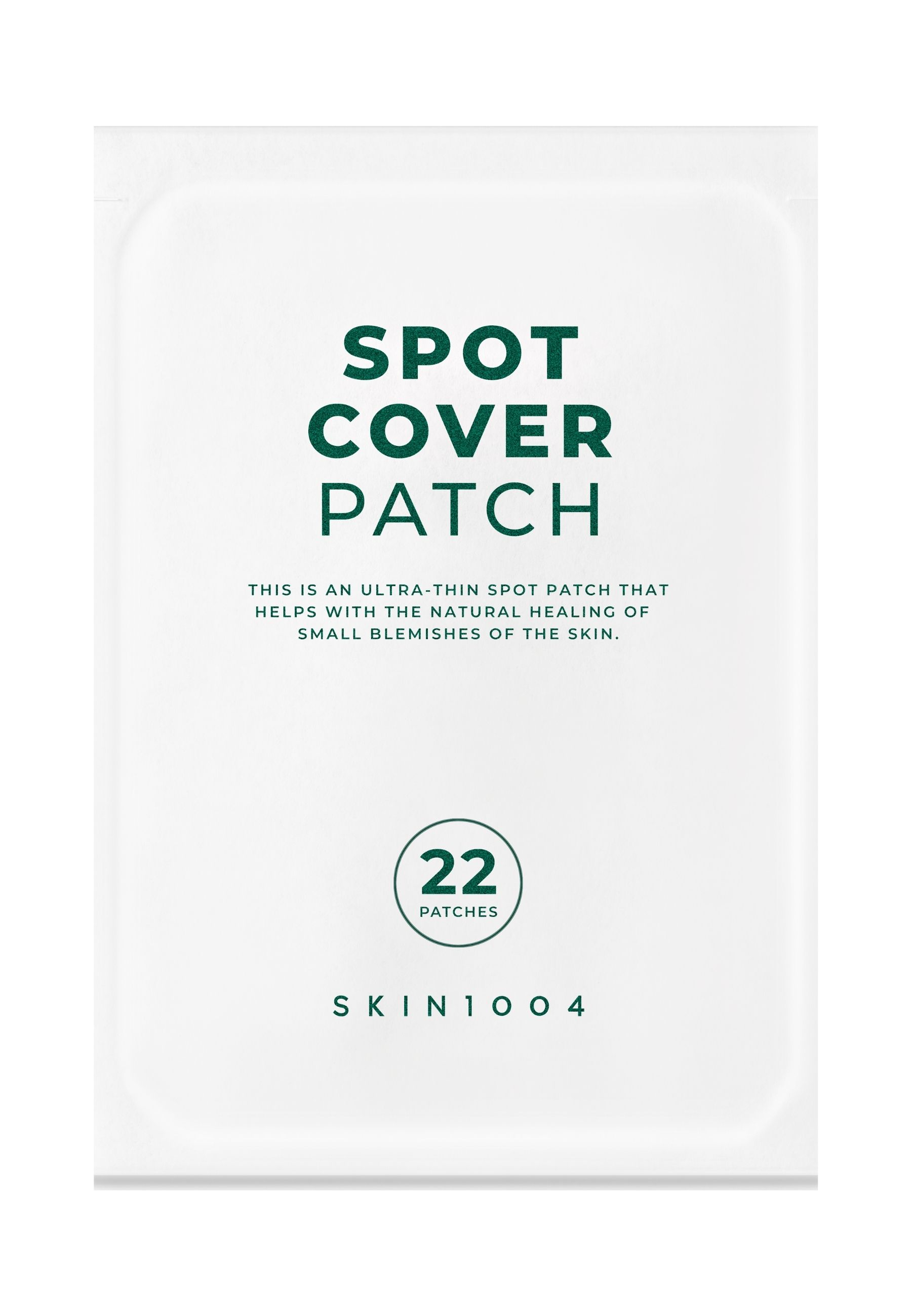 Confezione bianca con « SPOT COVER PATCH ». Contiene 22 patch. Marchio: SKIN1004. Testo: cerotto ultra-sottile.