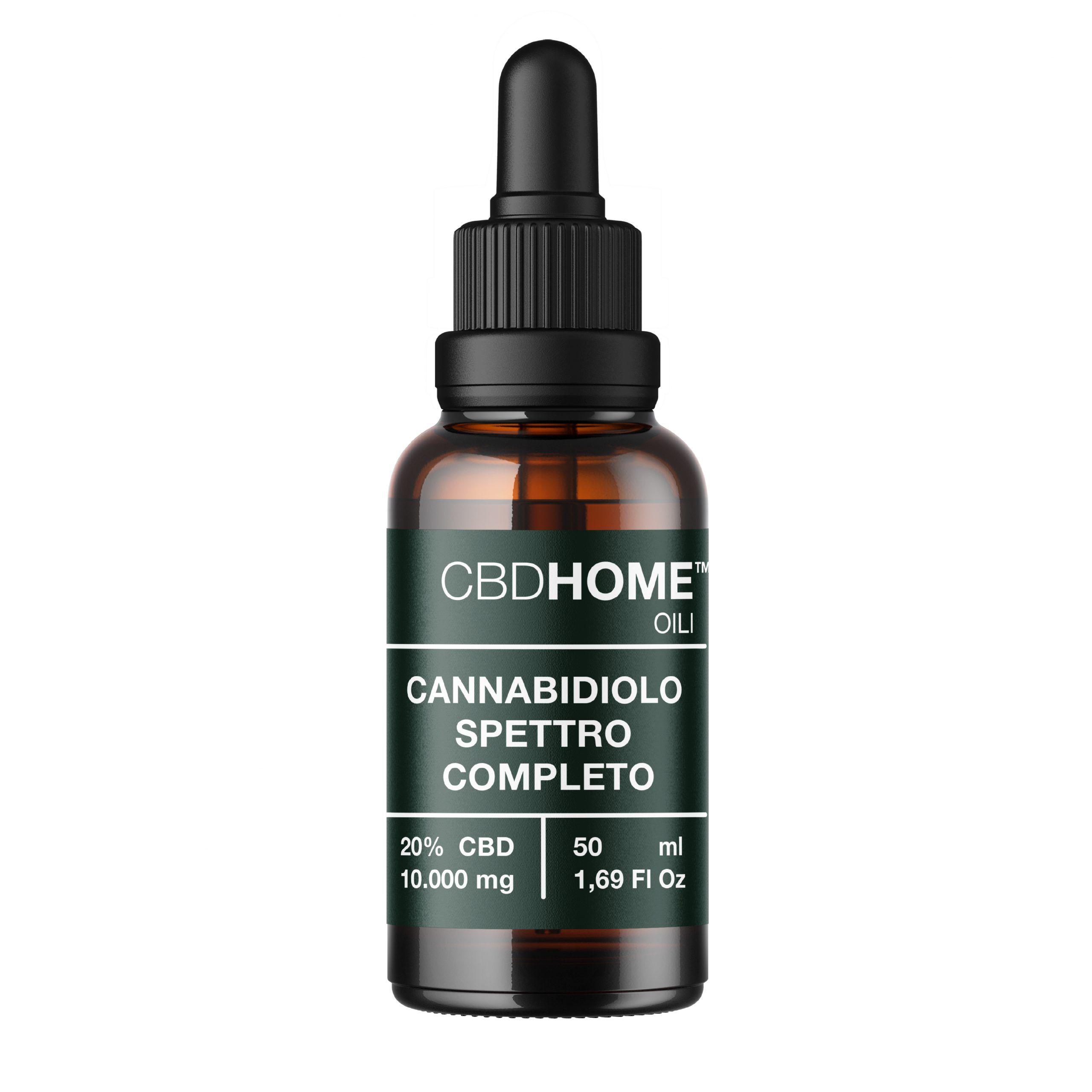 Flacone di olio CBDHOME a spettro completo con contagocce. 20% CBD, 10.000 mg, 50 ml.