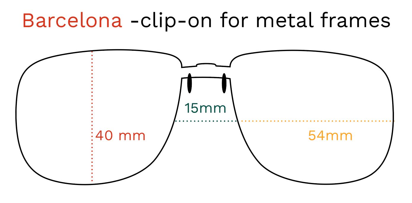 Schizzo del clip-on Barcelona. Misure: 40mm, 15mm, 54mm. Testo: Barcelona - clip-on per montature in metallo.