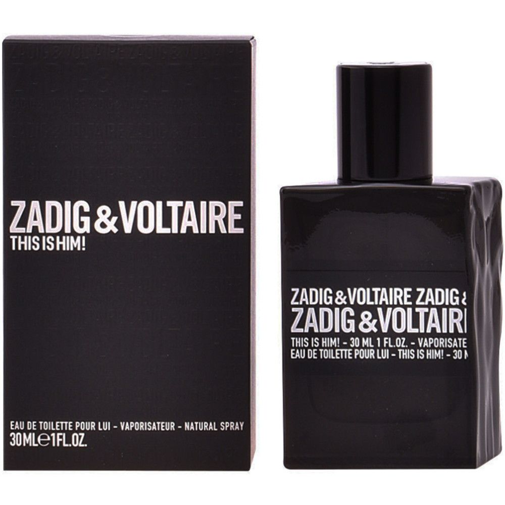 Flacone e scatola neri. Scritta: ZADIG & VOLTAIRE THIS IS HIM! Eau de Toilette. 30 ml.