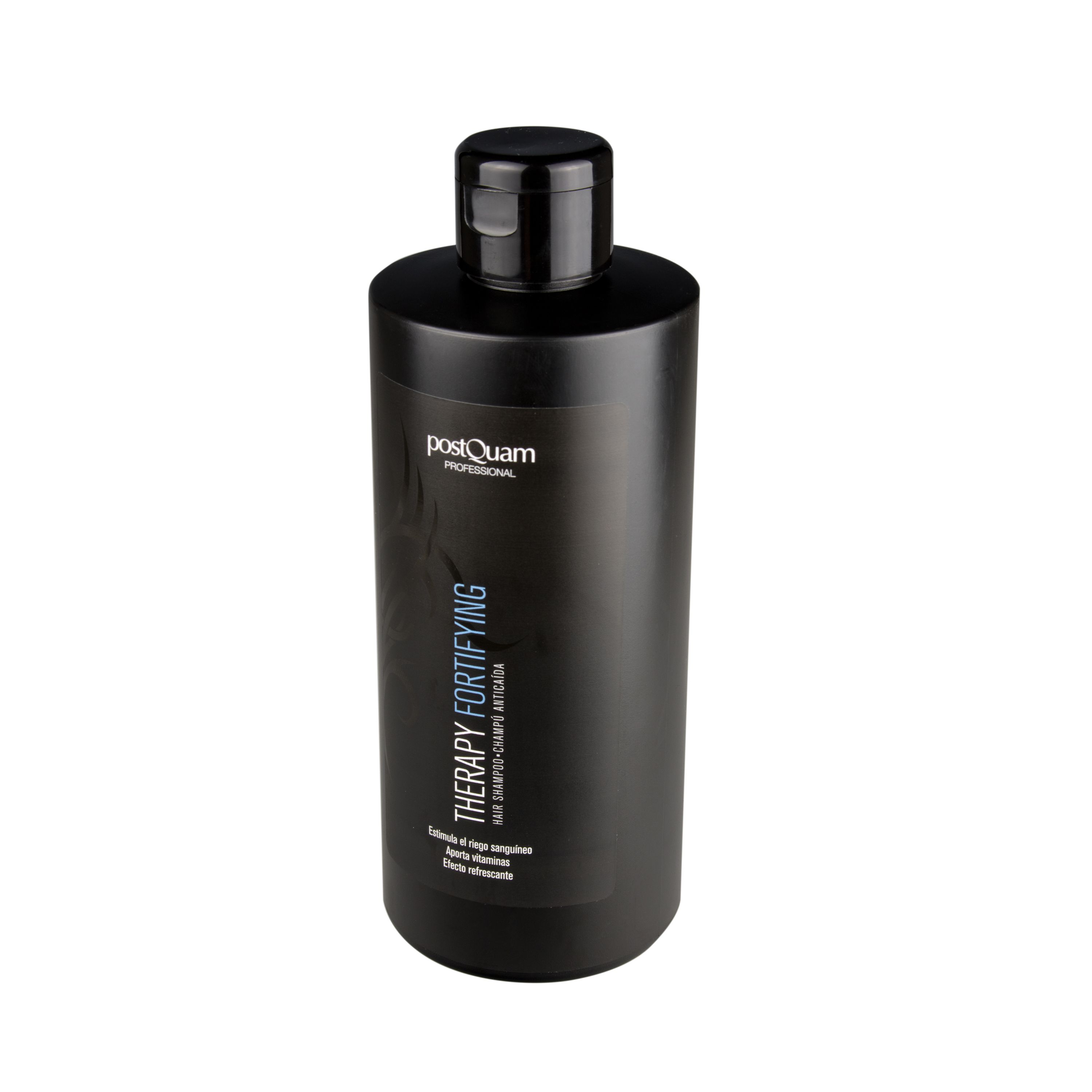 Flacone di shampoo nero con testo "Postquam Professional" e "Therapy Fortifying".