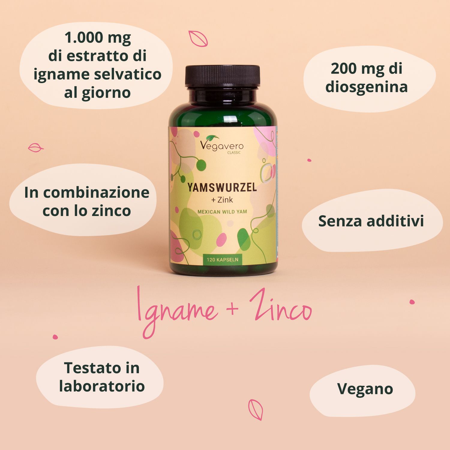 Flacone con Igname + Zinco, 120 capsule. Informazioni: 1.000 mg estratto, zinco, senza additivi, testato in laboratorio, vegano.