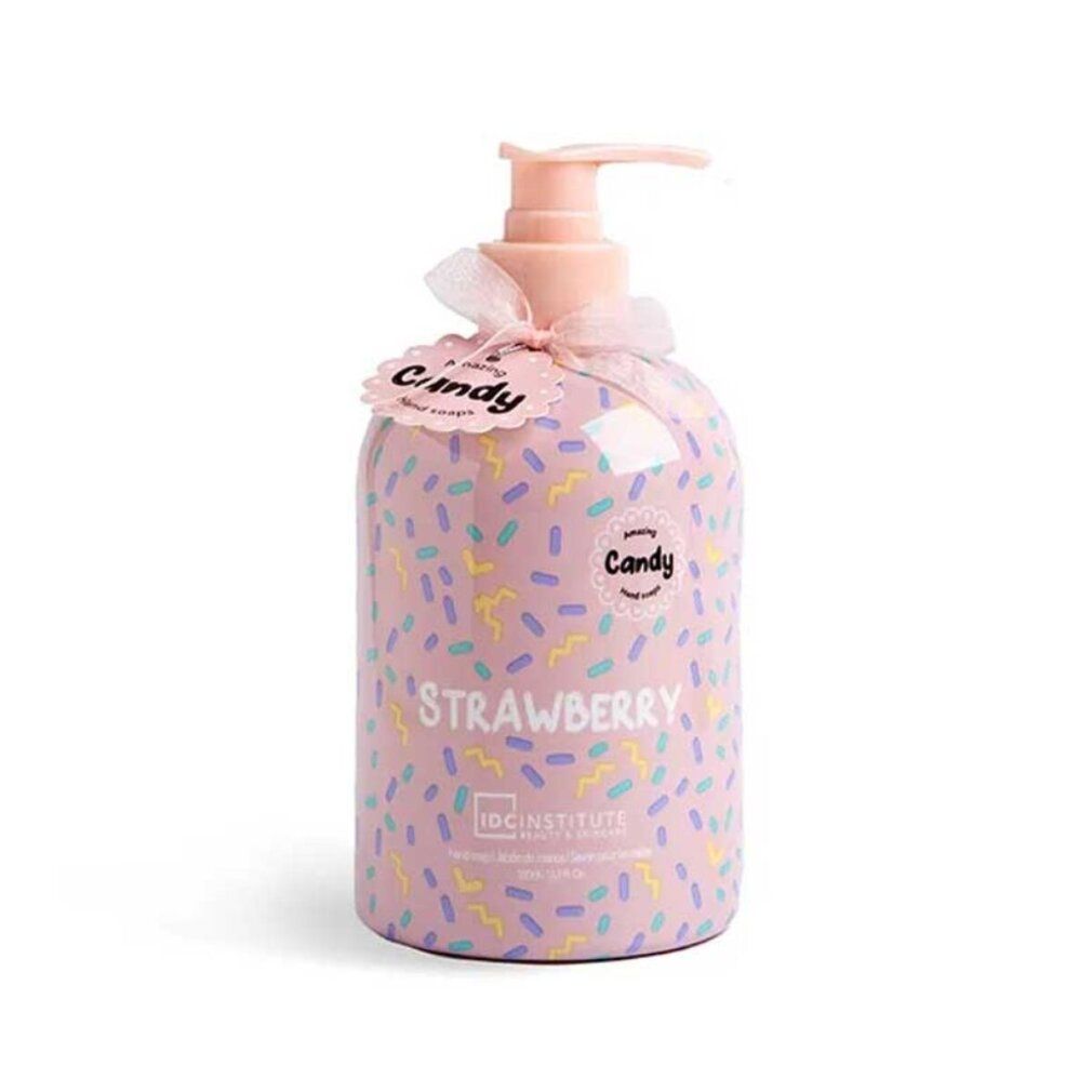 Flacone di sapone rosa con motivo a confettini. Scritta "Strawberry" e "Candy". Marchio: IDC INSTITUTE.