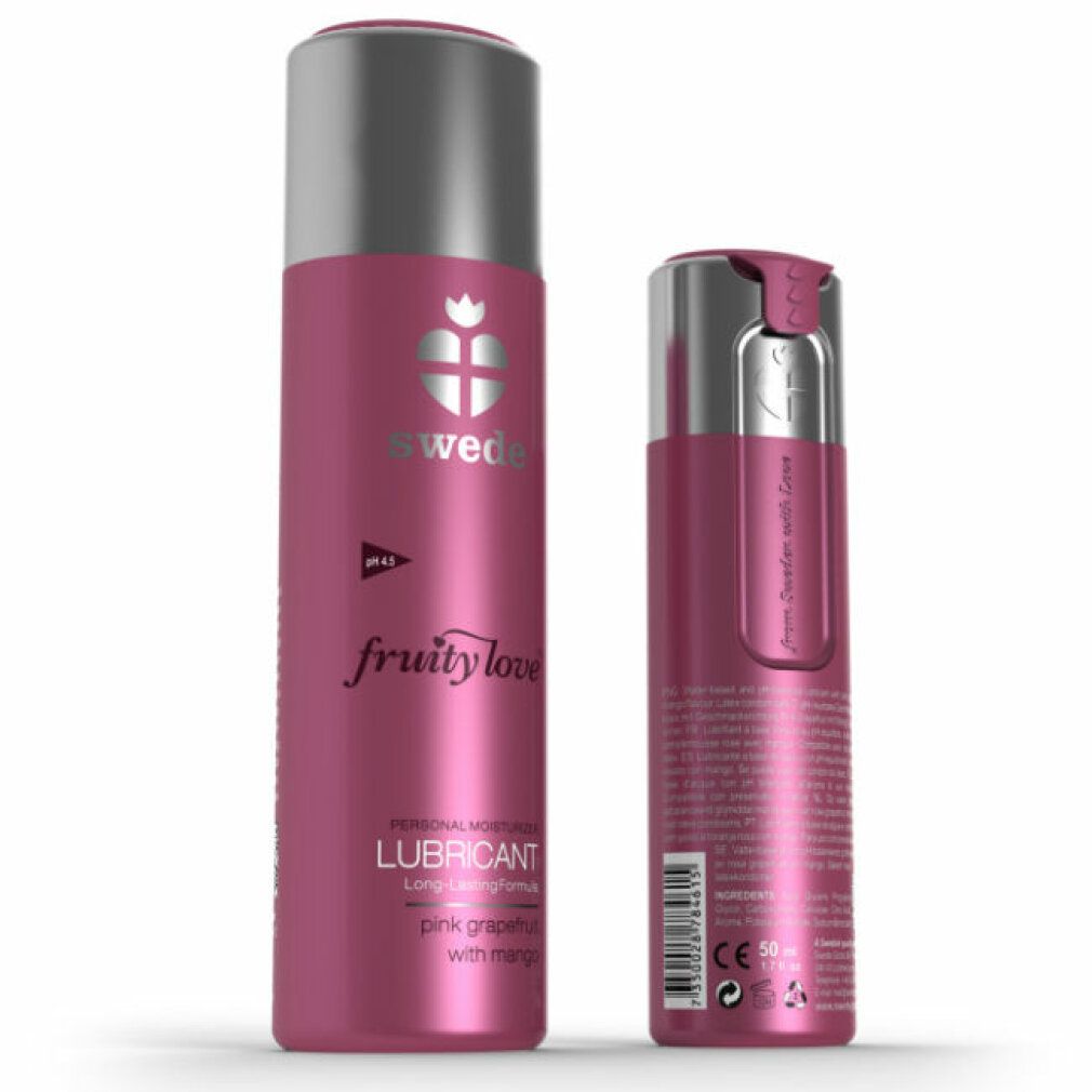 Due flaconi rosa con tappi argentati. Scritta: Swede, Fruity Love, Lubricant, Pink Grapefruit with Mango.