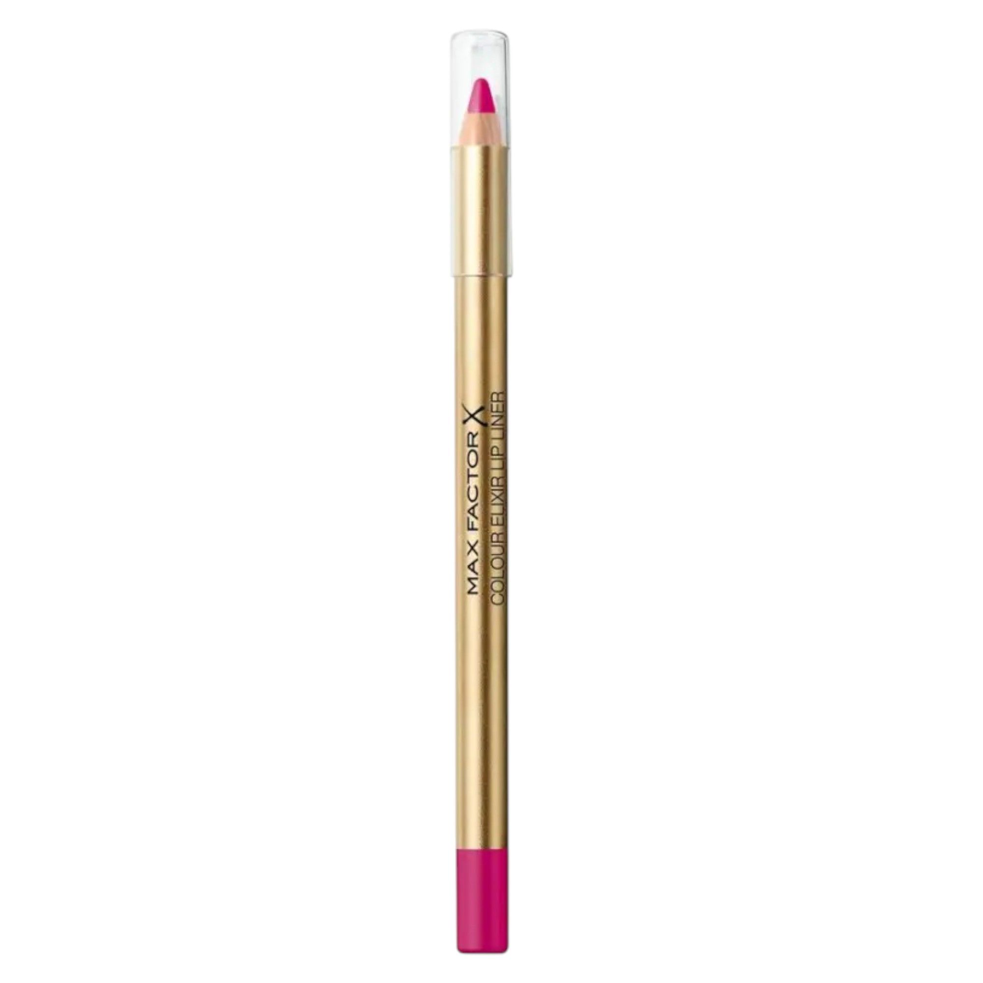 Matita labbra dorata con cappuccio trasparente. Sulla matita è scritto "MAX FACTOR COLOUR ELIXIR LIP LINER". La punta è rosa.